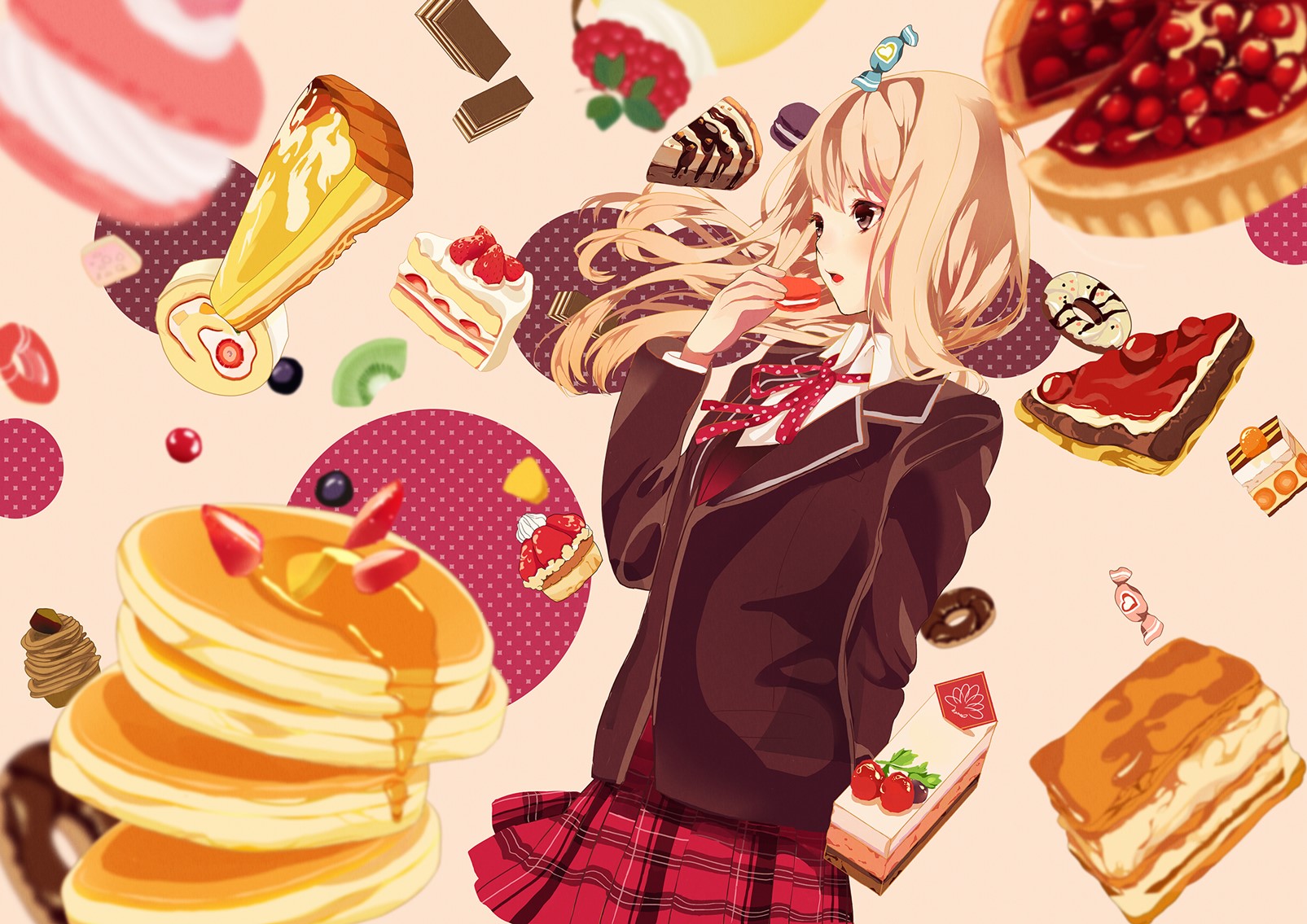 Anime girl in school uniform surrounded by sweets HD Wallpaper
