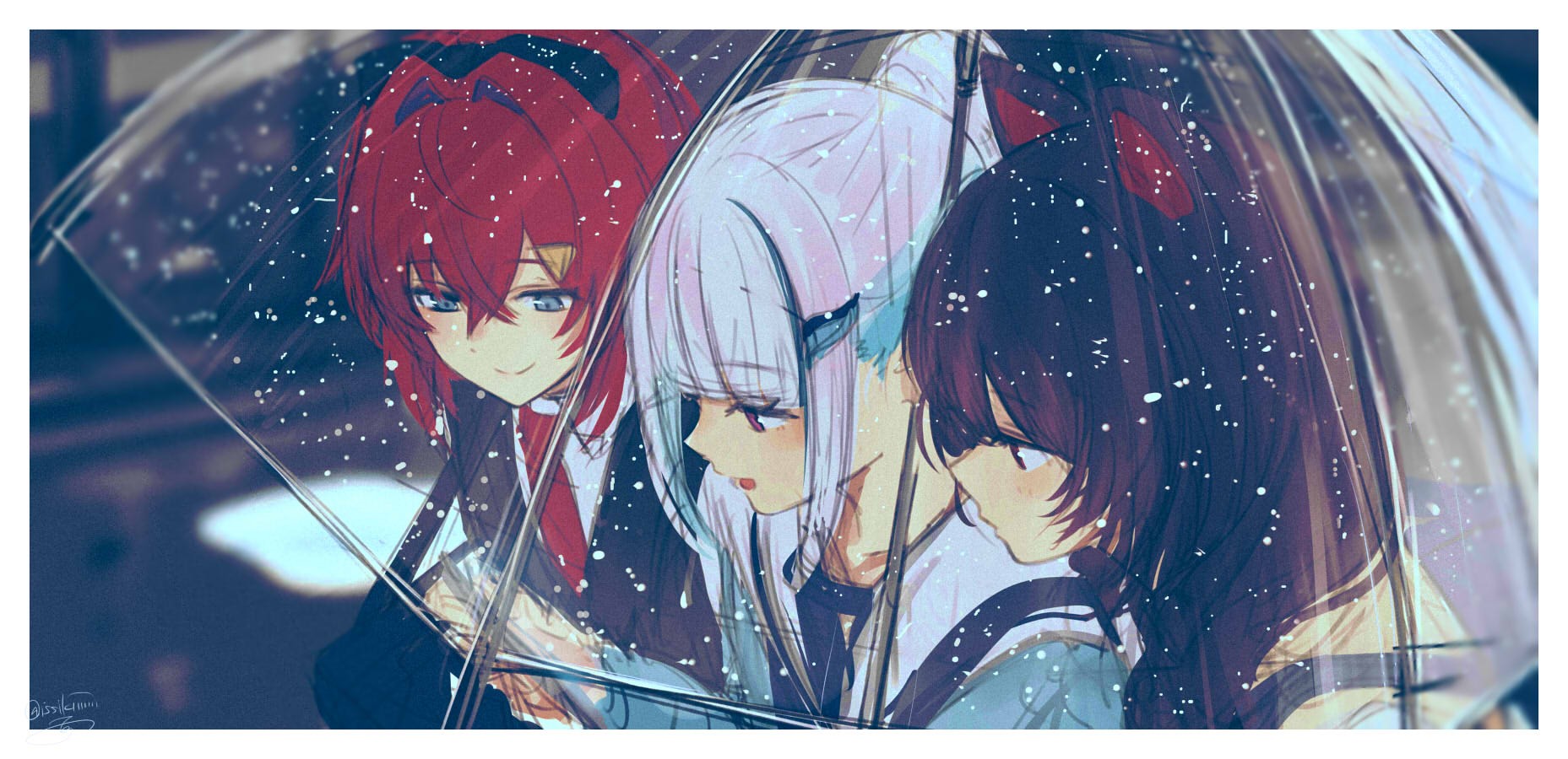 Anime girls under an umbrella in the rain HD Wallpaper