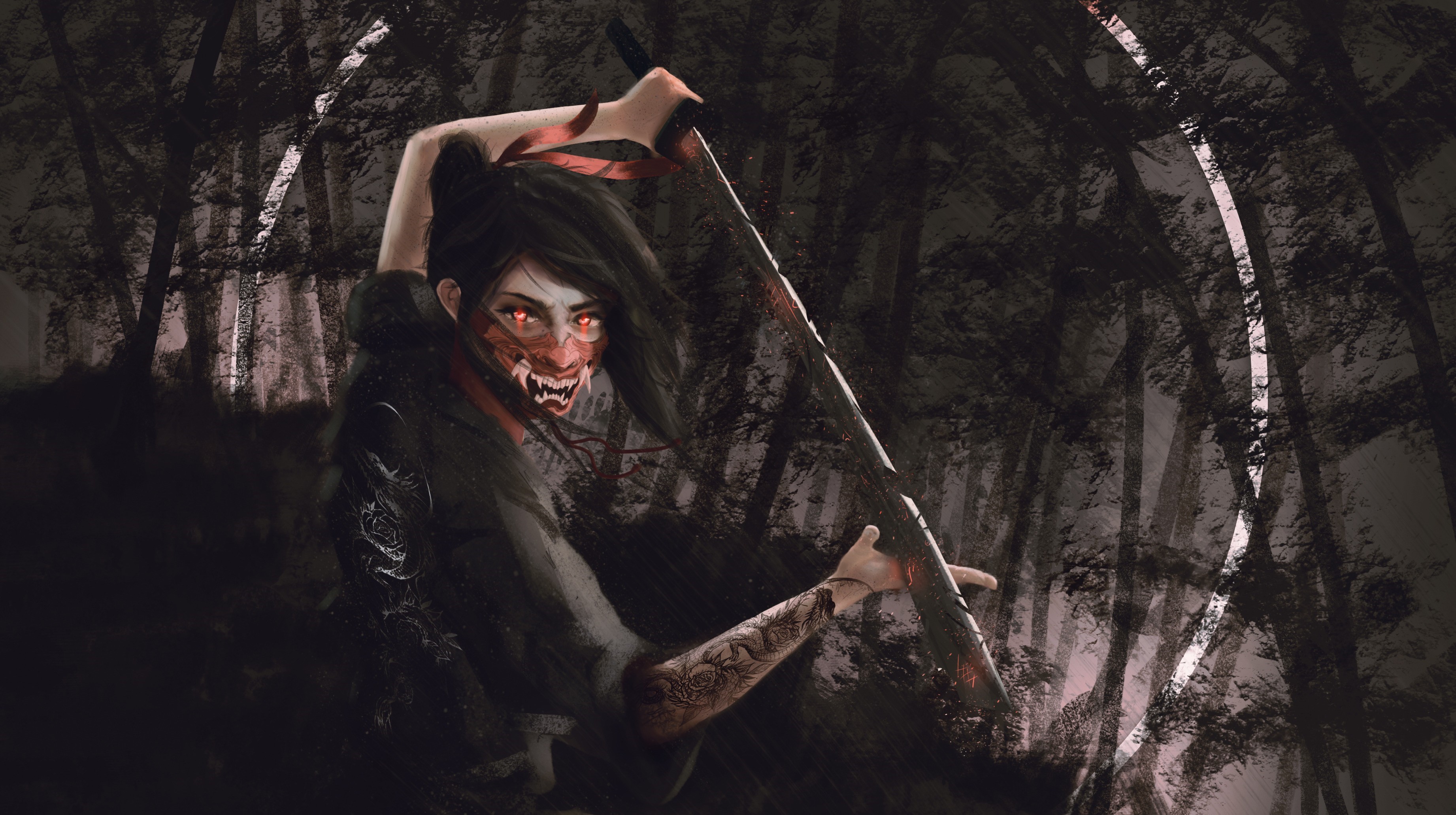 Warrior girl with mask and katana in forest HD Wallpaper