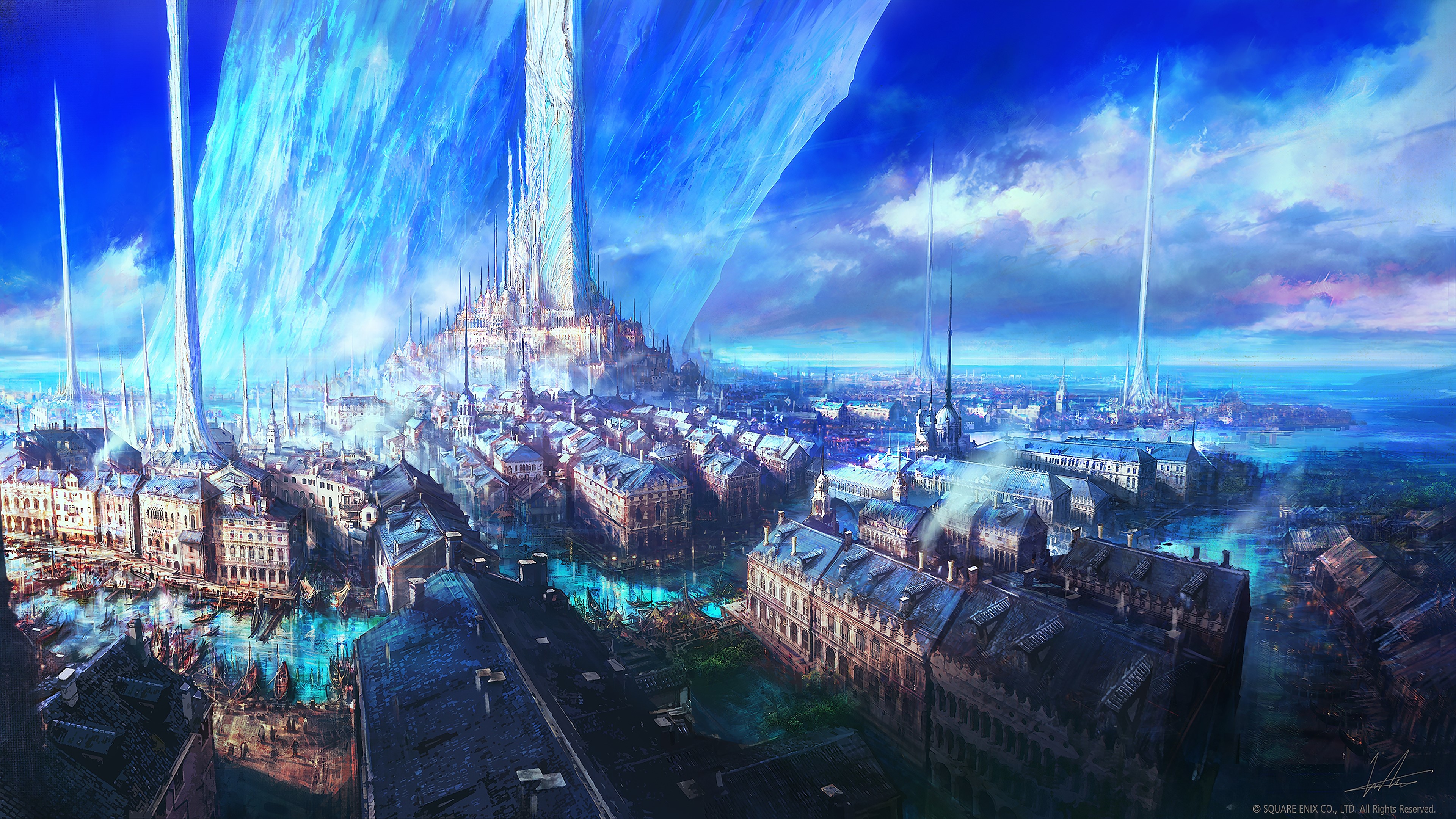 4K Final Fantasy XVI Cityscape with Crystal Towers HD Wallpaper