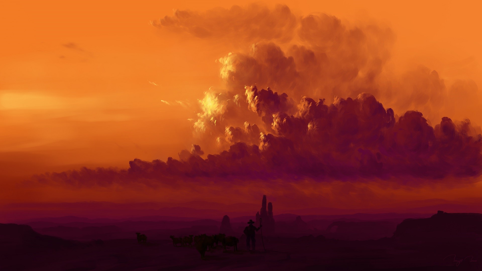 Shepherd with flock under orange storm clouds HD Wallpaper
