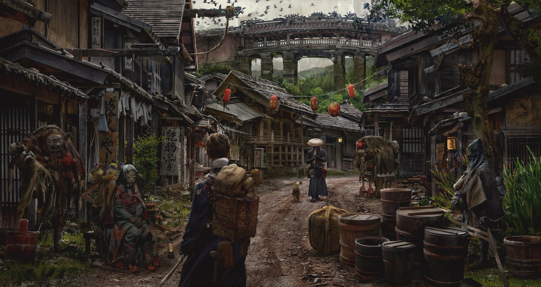Samurai village with ancient bridge and figures HD Wallpaper