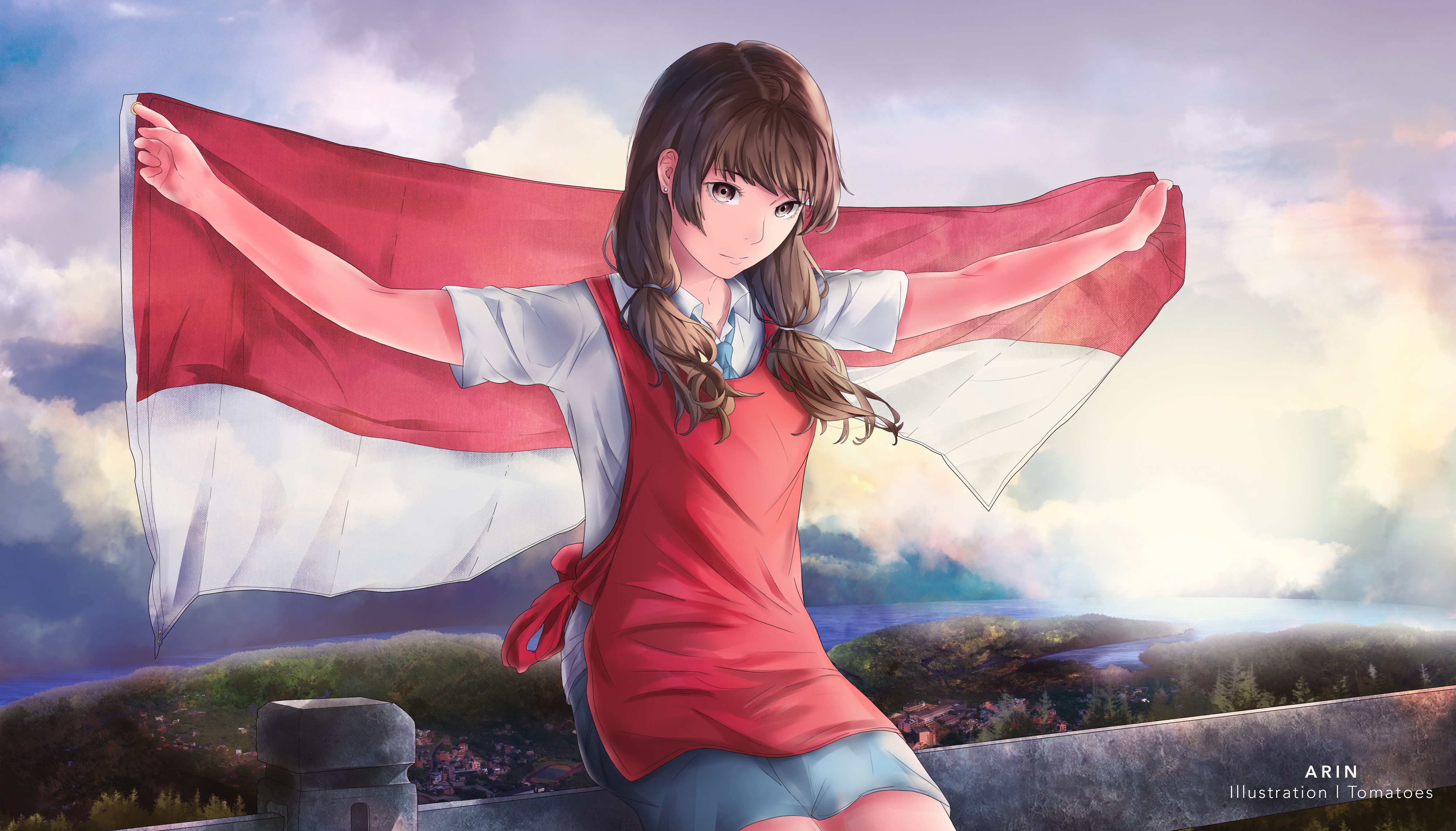 Anime girl holding Indonesian flag HD Wallpaper