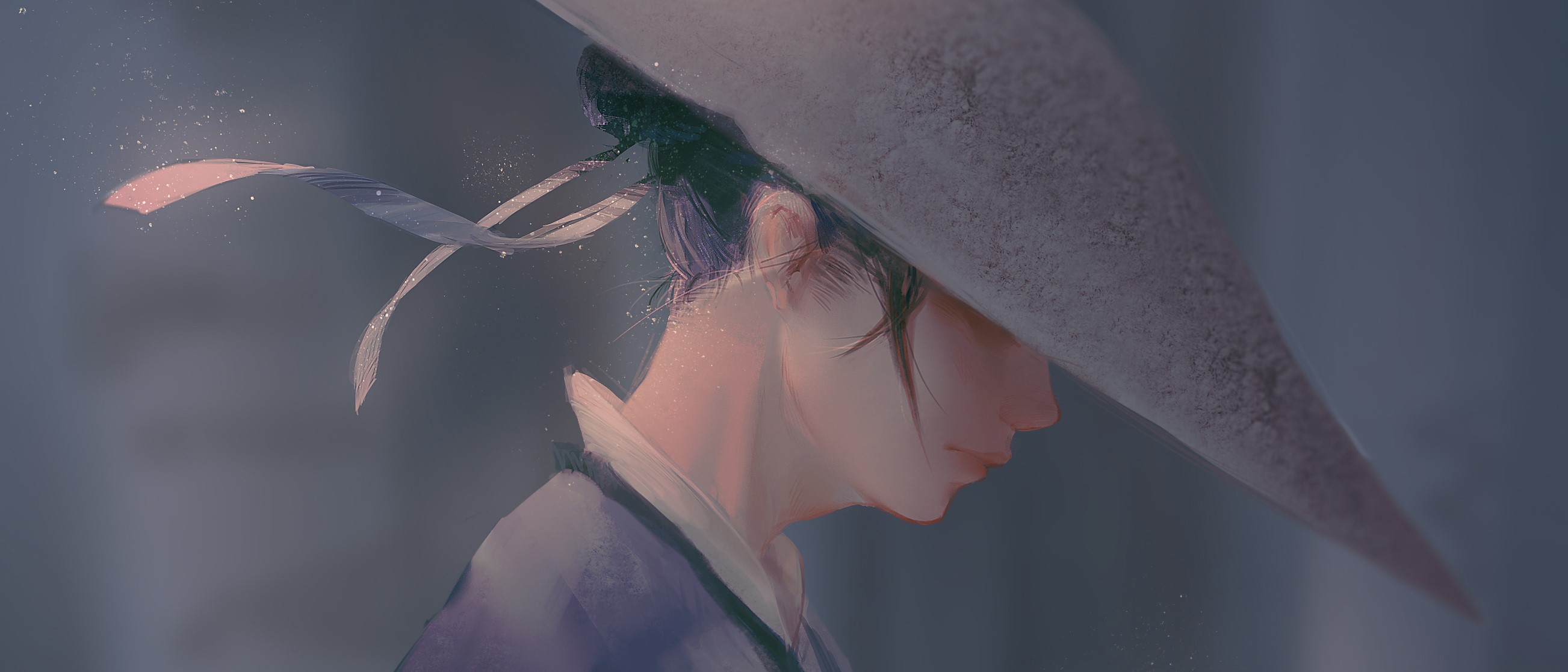 Artwork of a person in traditional Japanese clothing and a conical hat HD Wallpaper