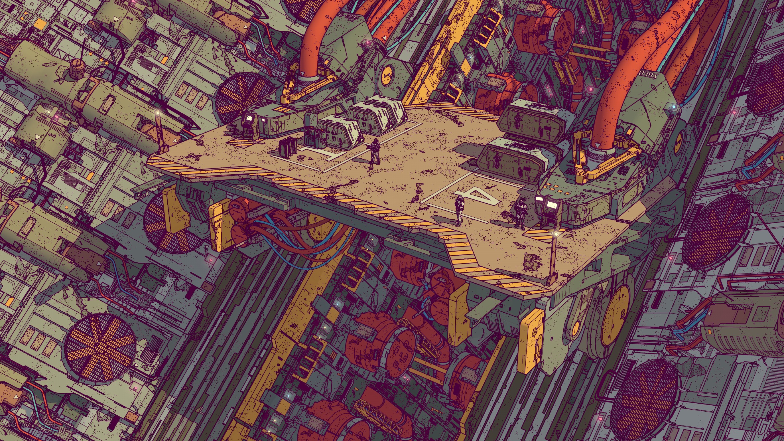 Futuristic industrial complex with figures on a platform HD Wallpaper