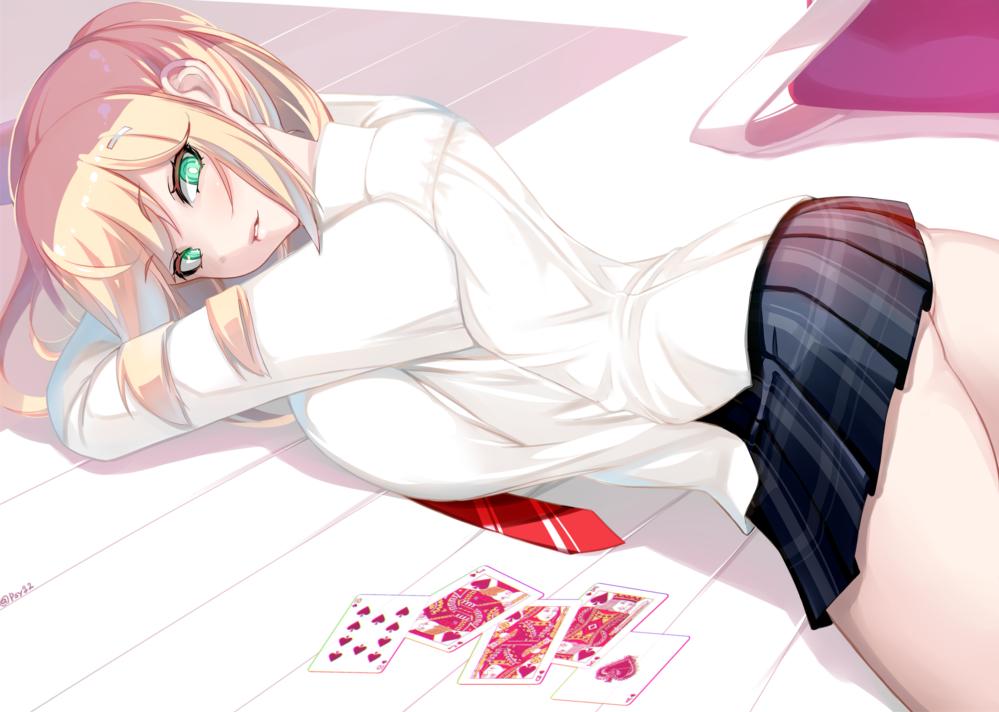Anime girl in school uniform with playing cards HD Wallpaper