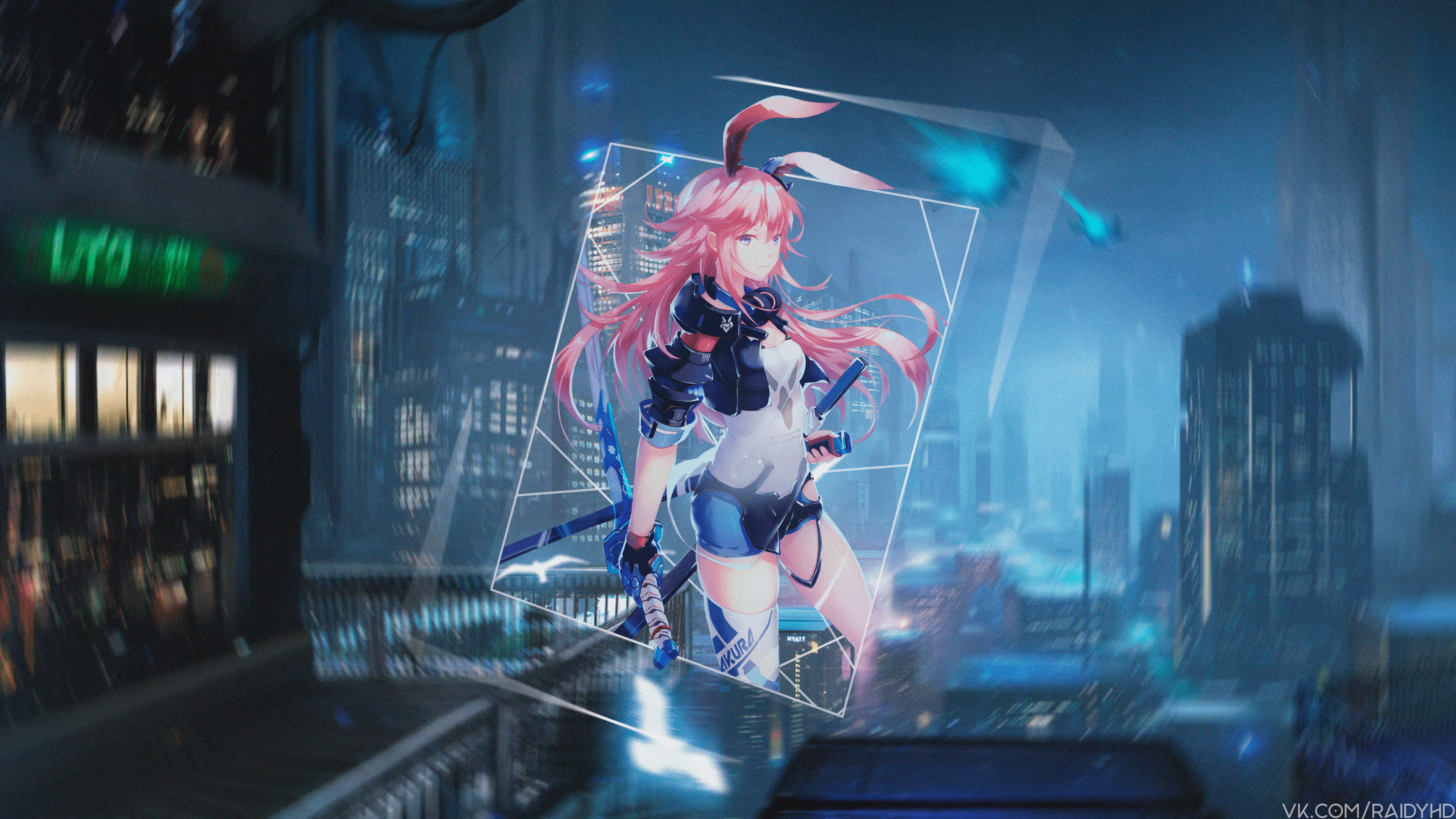 Anime girl with pink hair and bunny ears holding swords HD Wallpaper