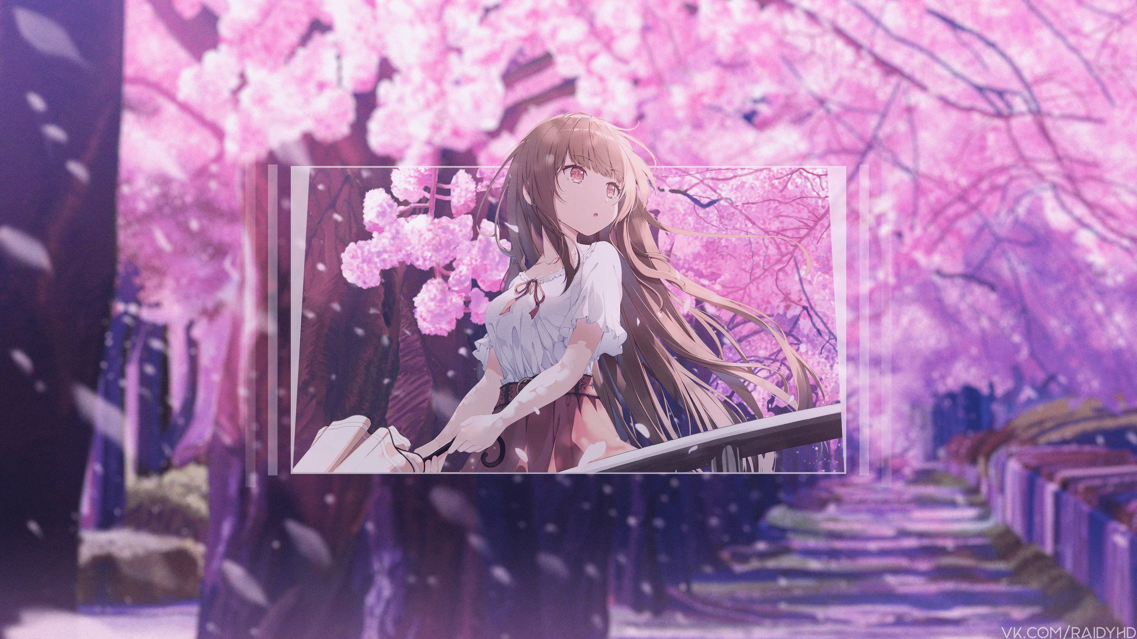 Anime girl in a cherry blossom tunnel HD Wallpaper