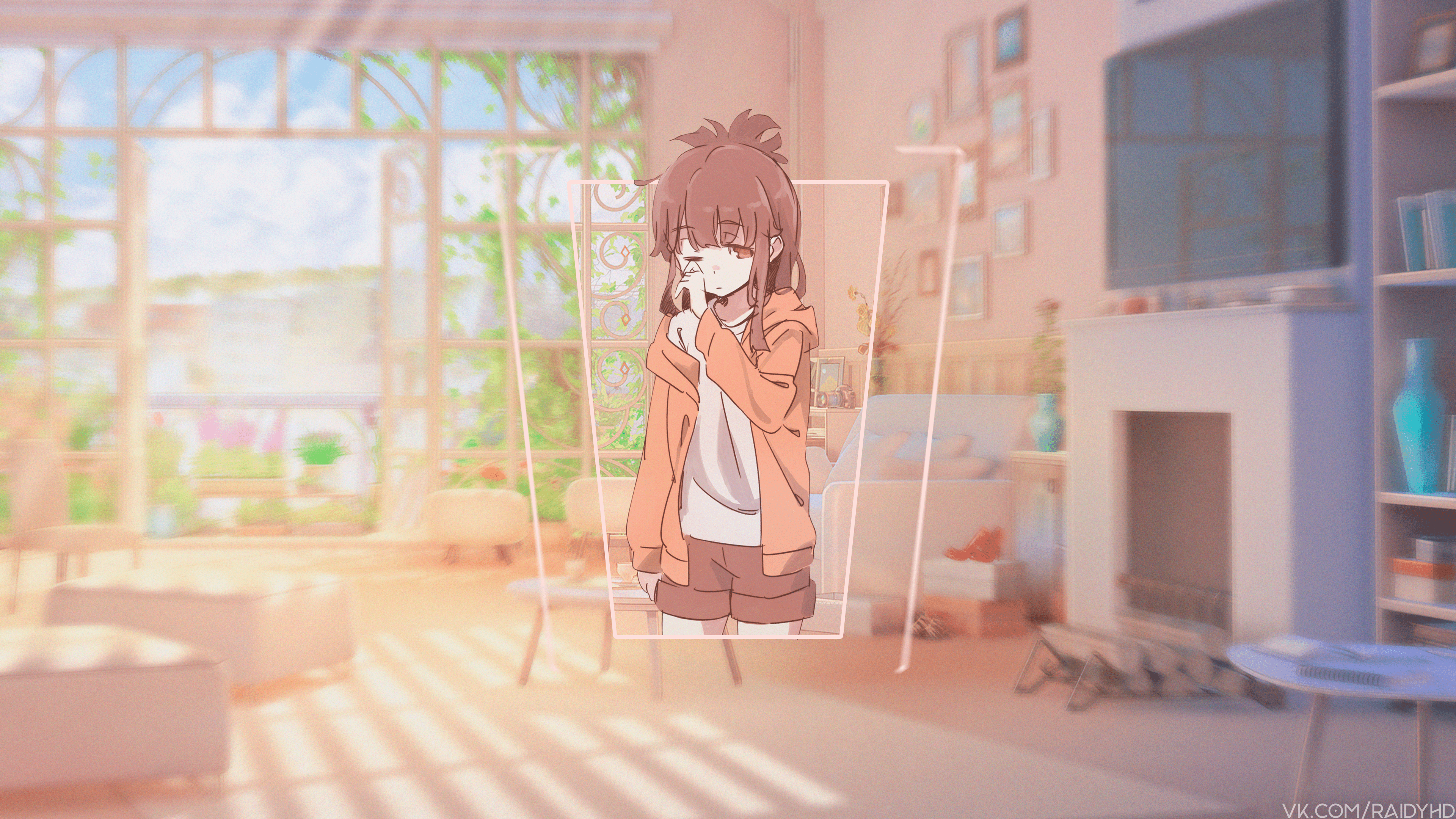 Anime girl in orange hoodie in a room HD Wallpaper