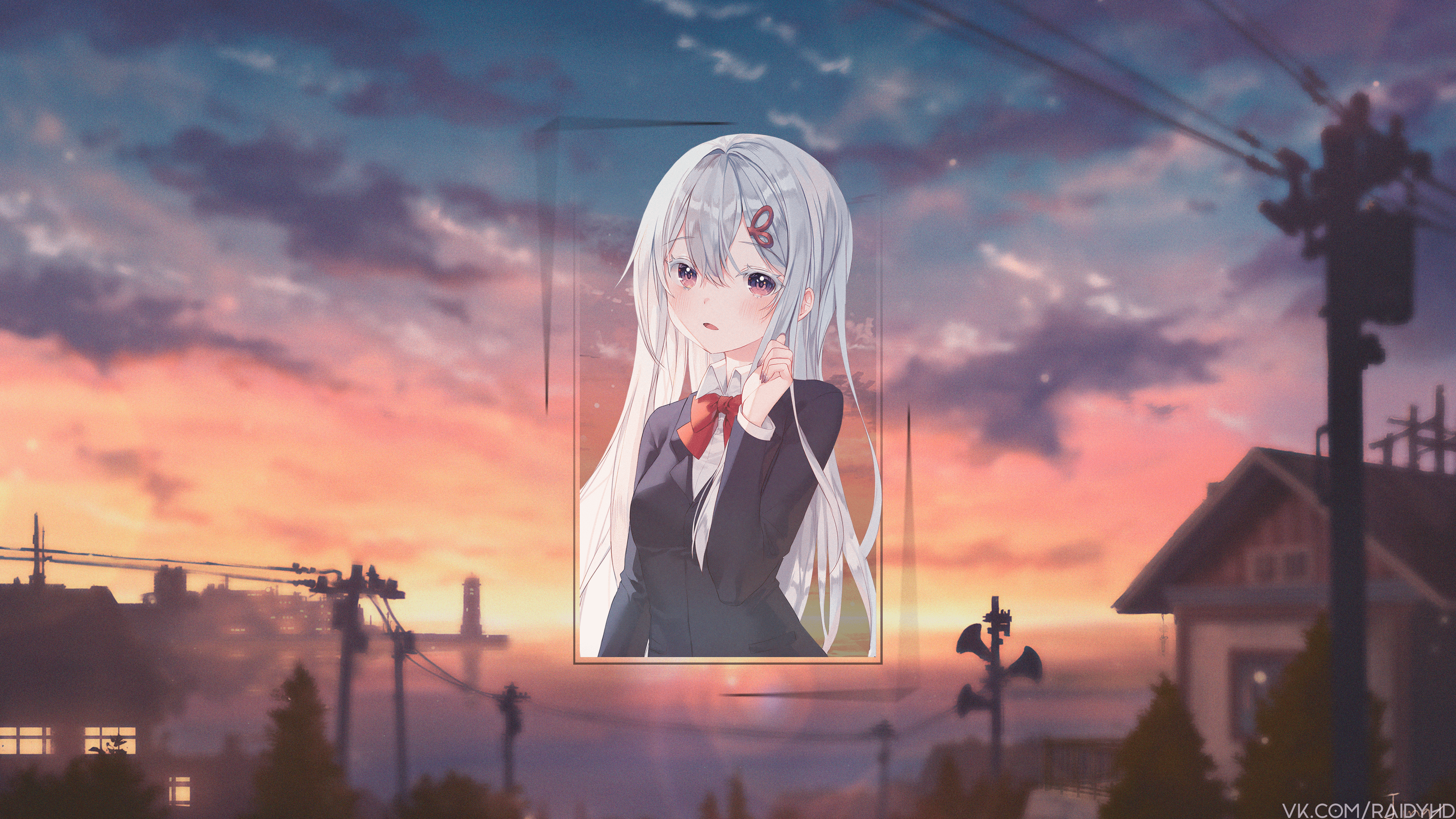 Anime girl in a picture-in-picture frame against a sunset sky HD Wallpaper