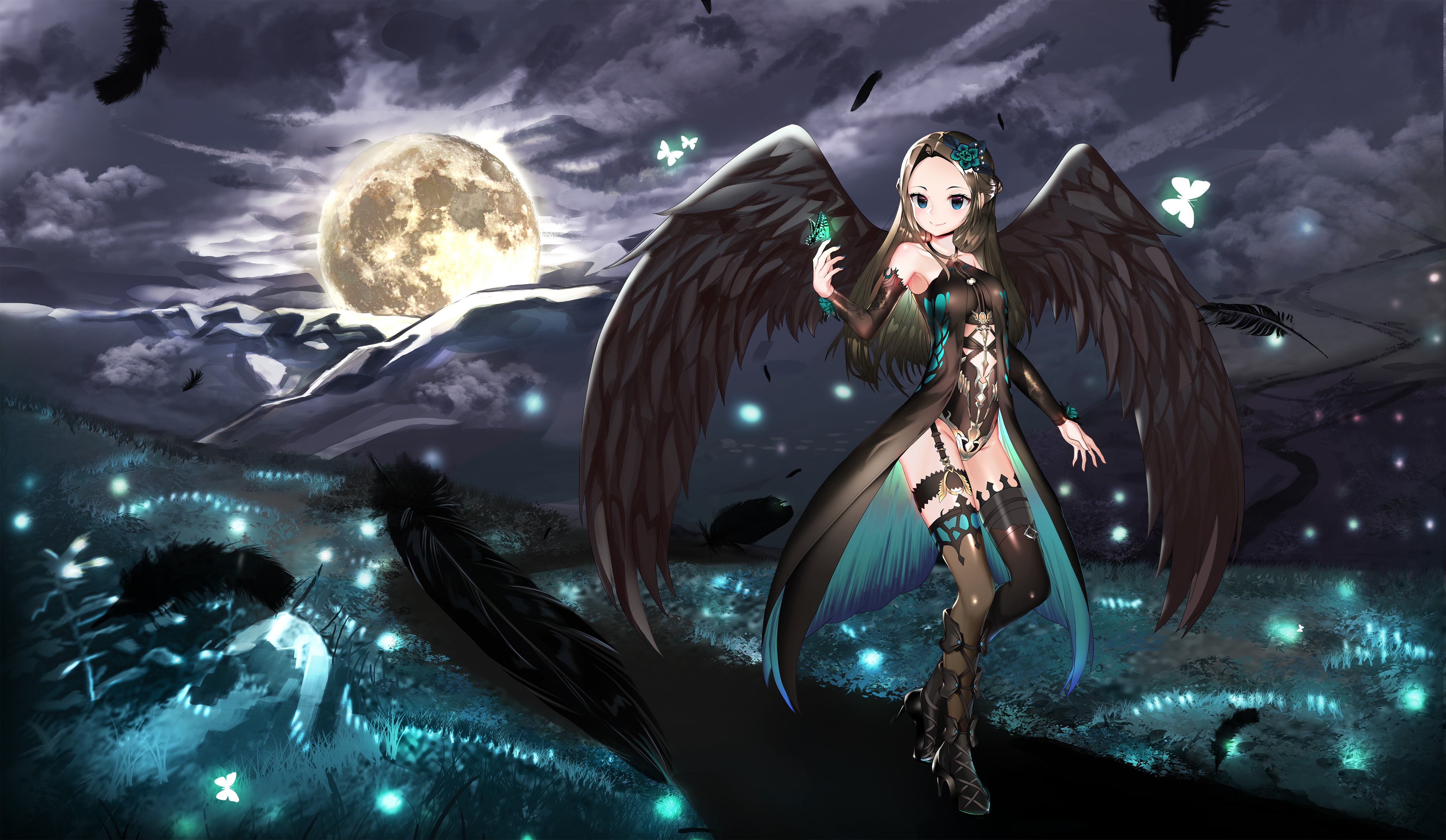 Anime girl with black wings under the moon HD Wallpaper