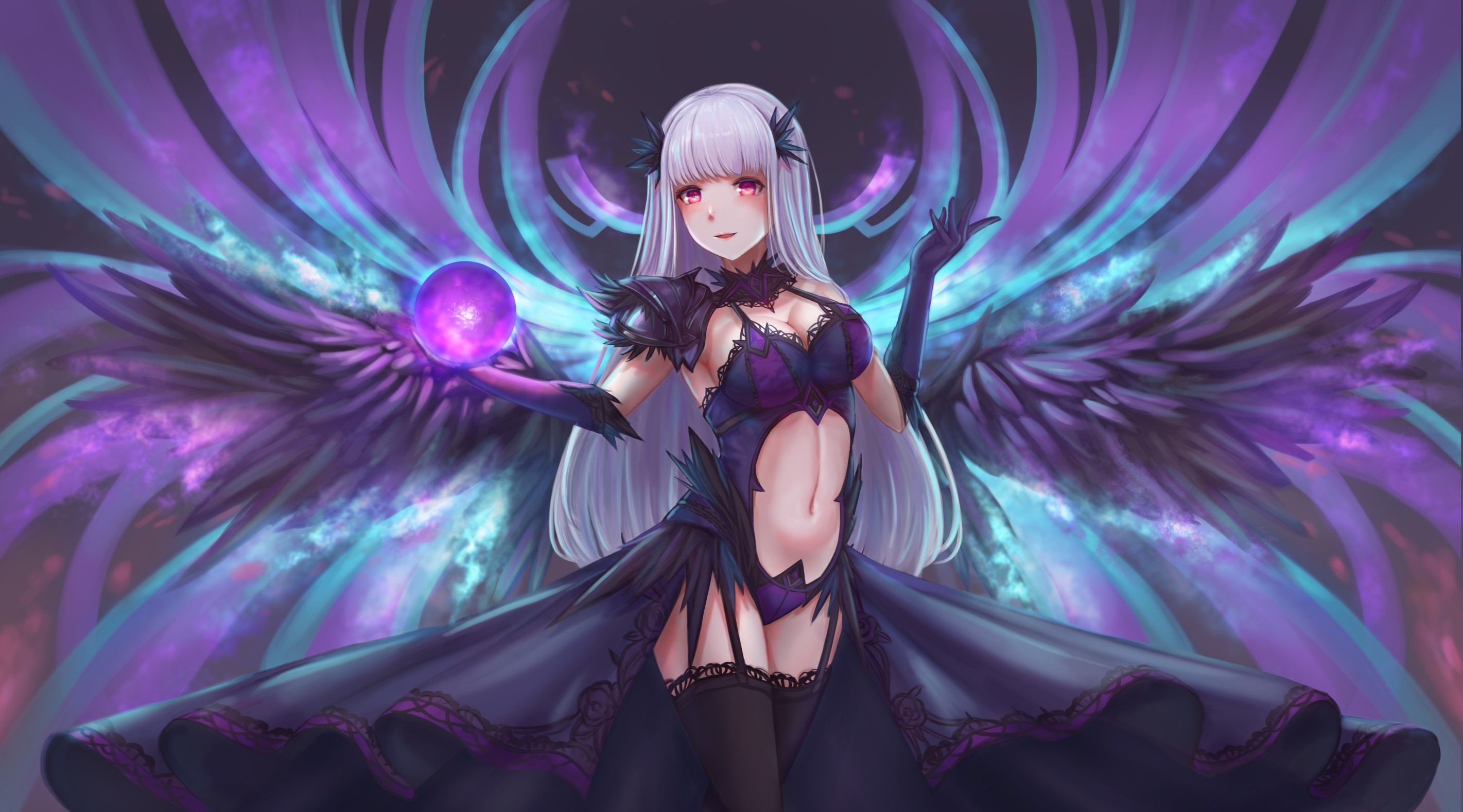 Anime girl with purple wings holding a magic orb HD Wallpaper