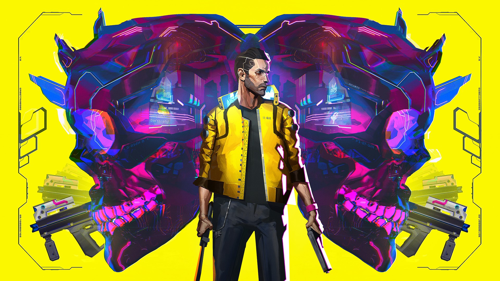 Man with guns and cybernetic skulls from Cyberpunk 2077 HD Wallpaper