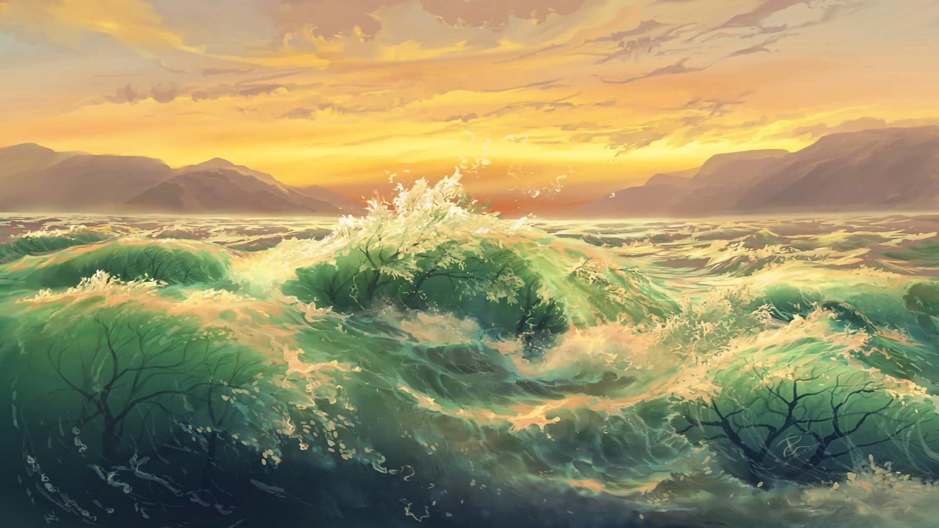 Surreal ocean waves with trees and mountains at sunset HD Wallpaper