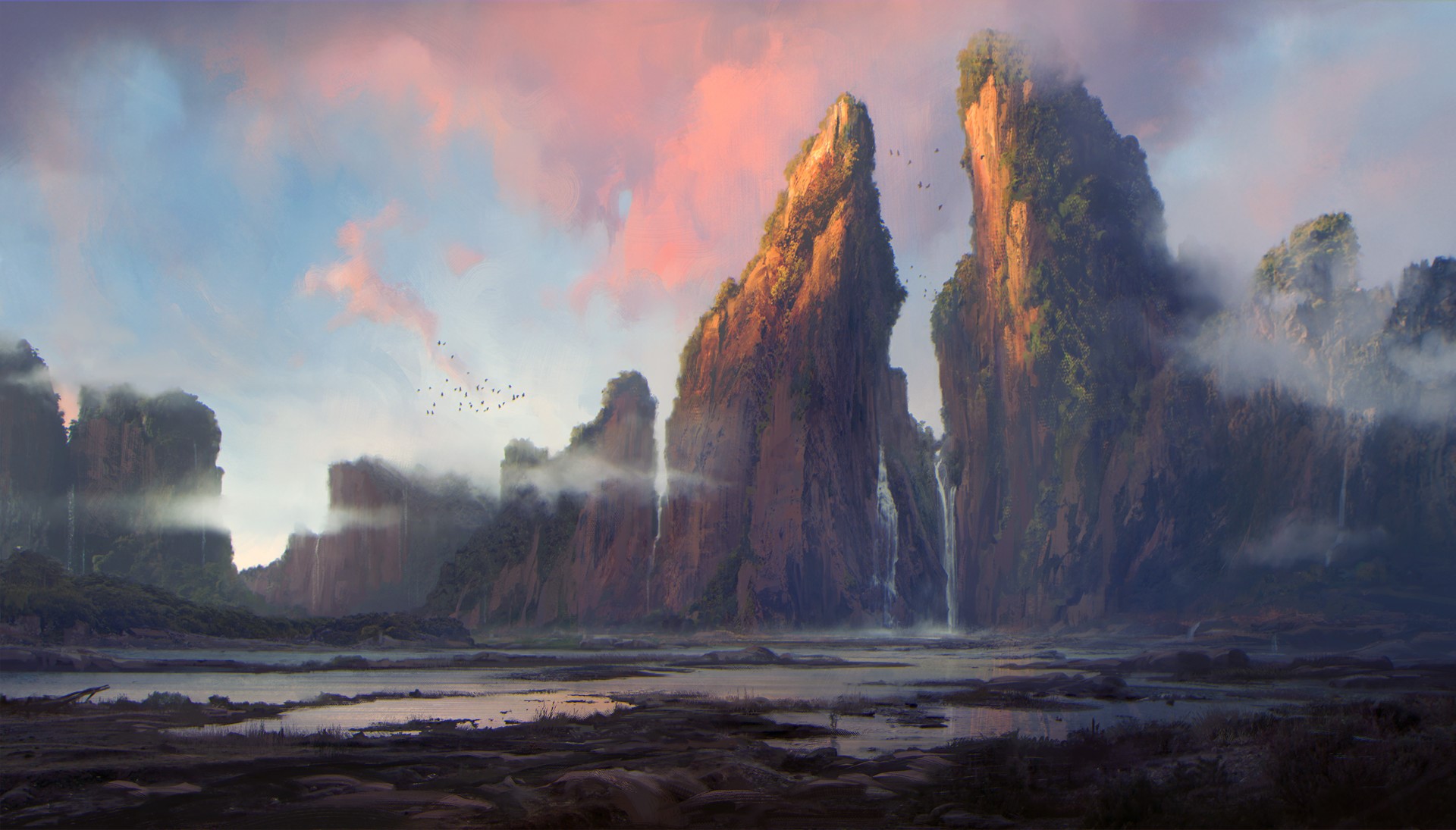 Digital art of misty mountains with waterfalls at sunrise HD Wallpaper