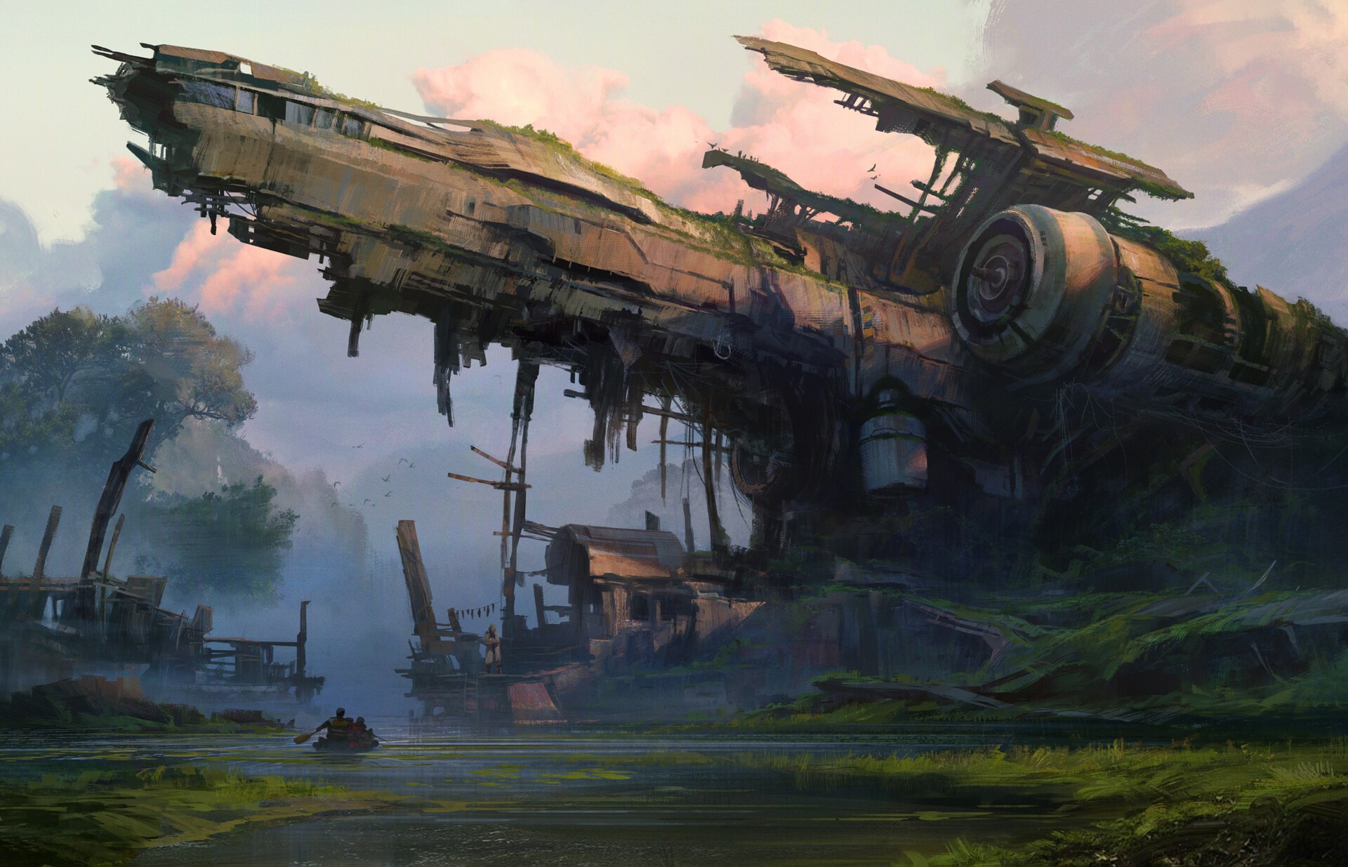 Abandoned spaceship wreck in a swampy landscape HD Wallpaper