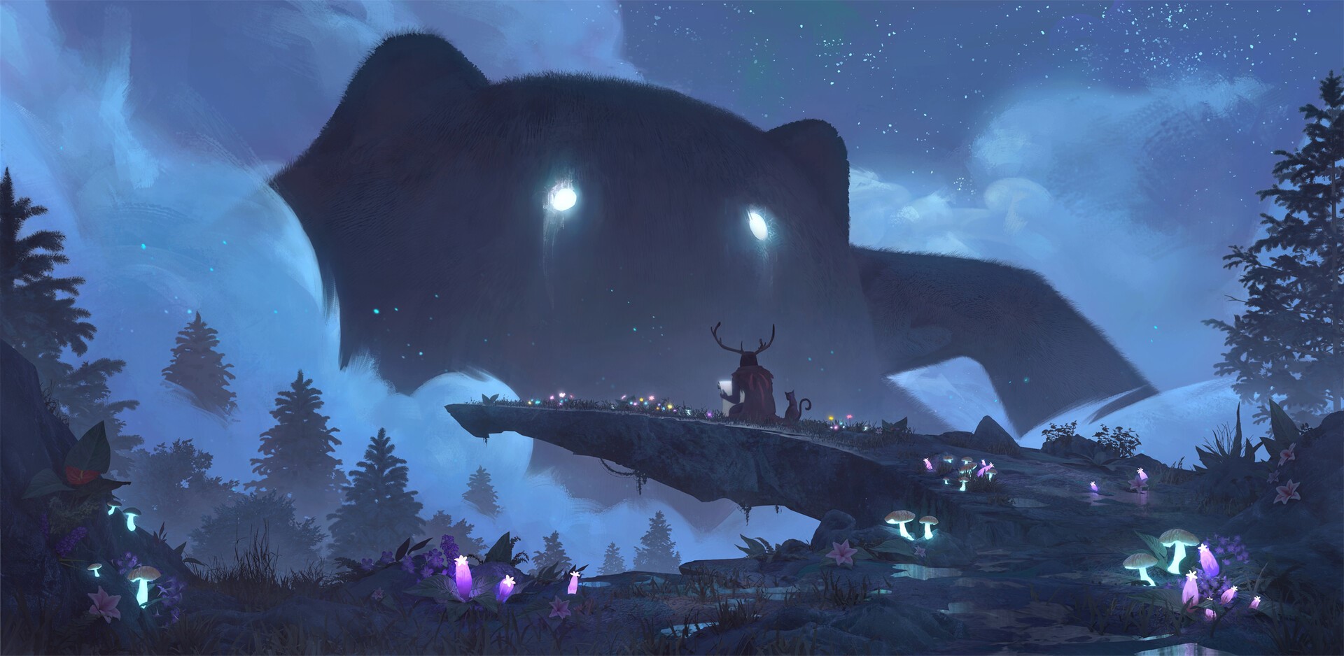 Giant creature in the sky with a person and cat on a cliff HD Wallpaper