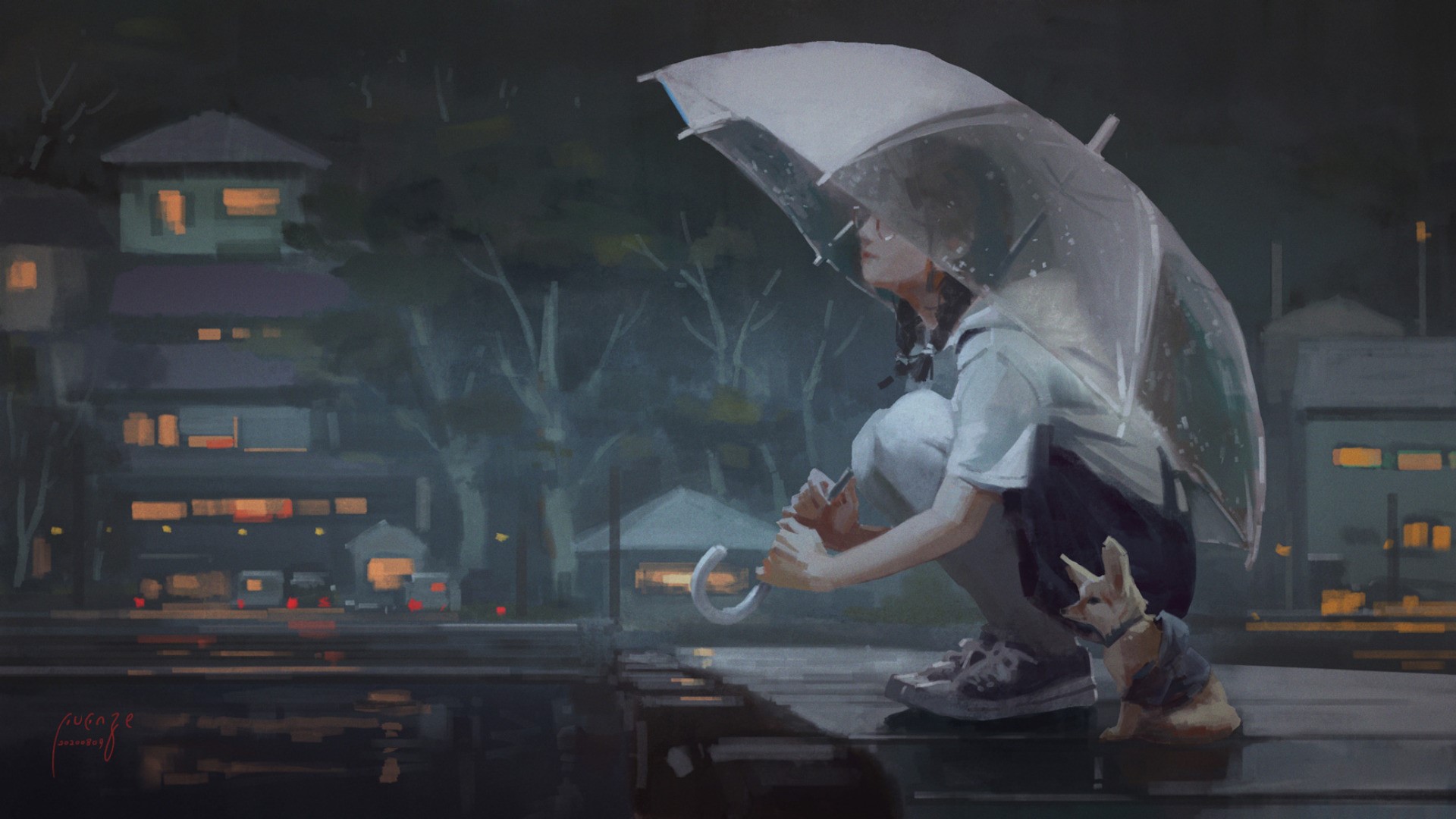 Girl and dog under umbrella in the rain HD Wallpaper