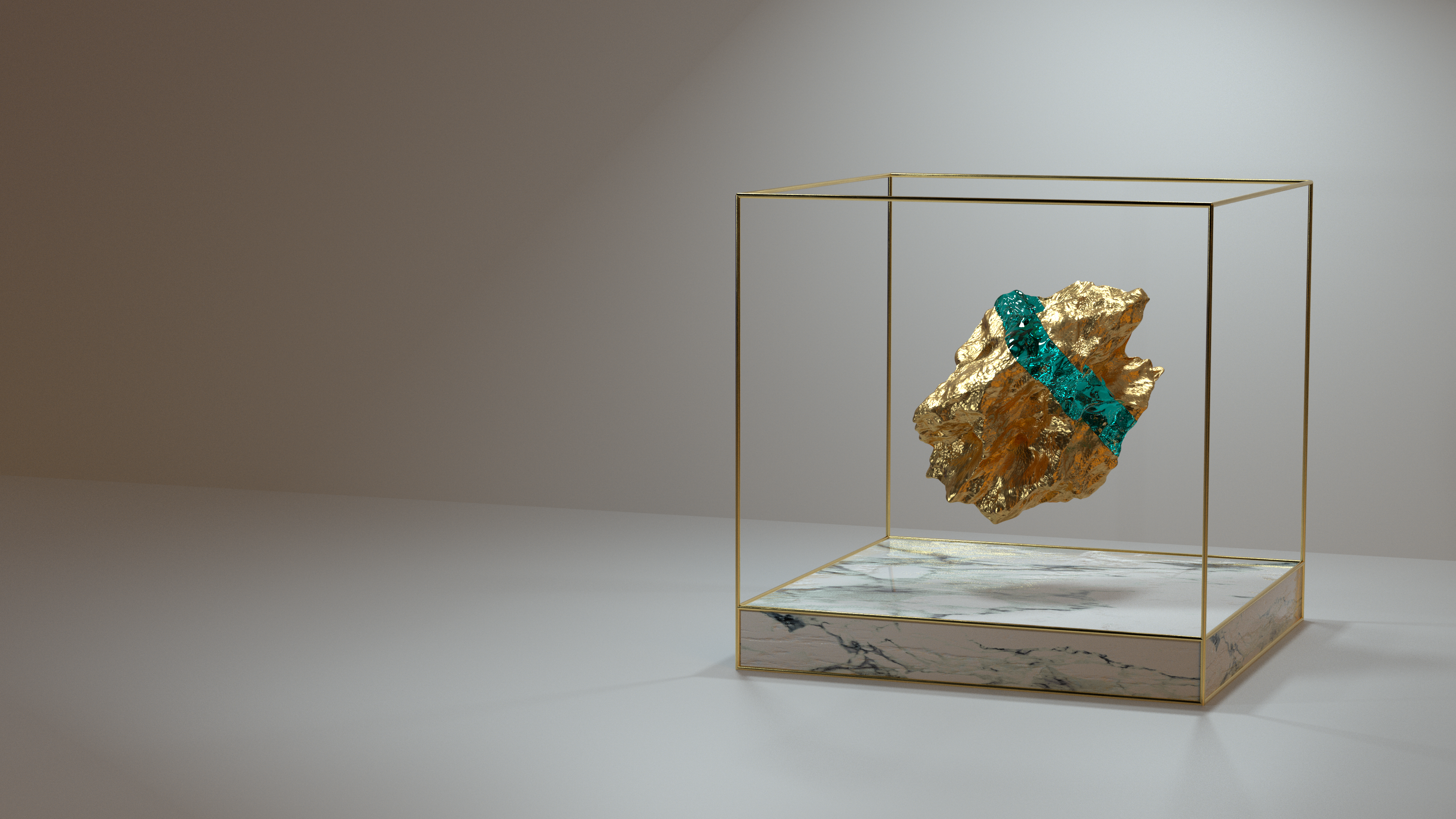 Gold nugget with emeralds in a display case HD Wallpaper