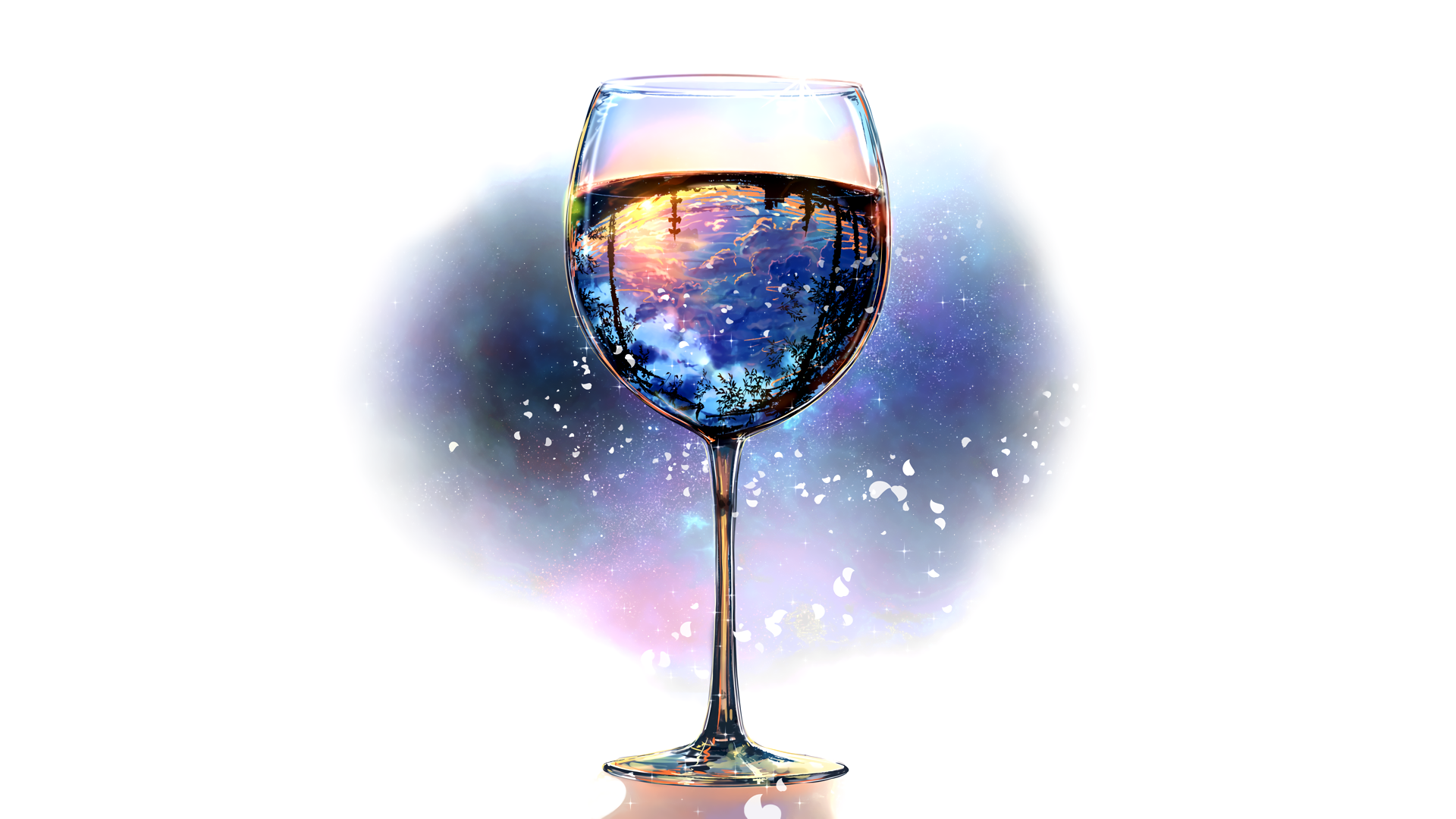Glass of wine reflecting a sunset sky with clouds and trees HD Wallpaper