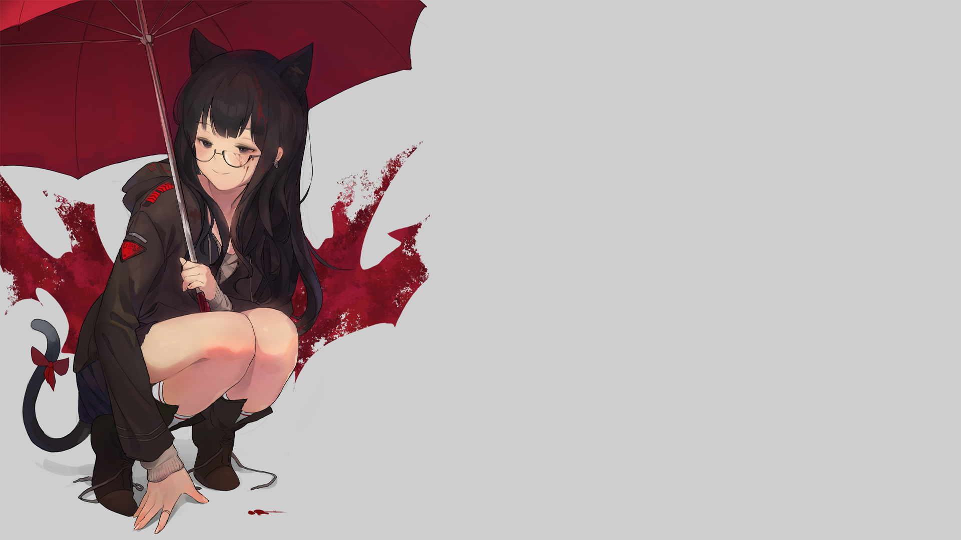 Anime girl with cat ears and glasses holding an umbrella HD Wallpaper