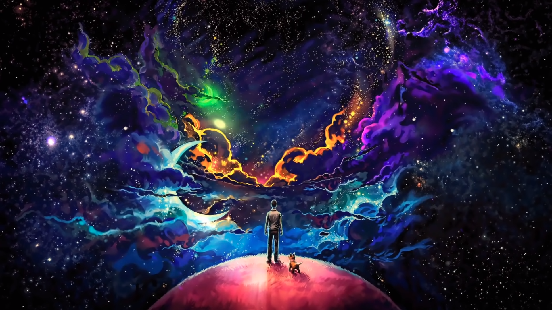 Man and dog on a planet in a colorful galaxy HD Wallpaper