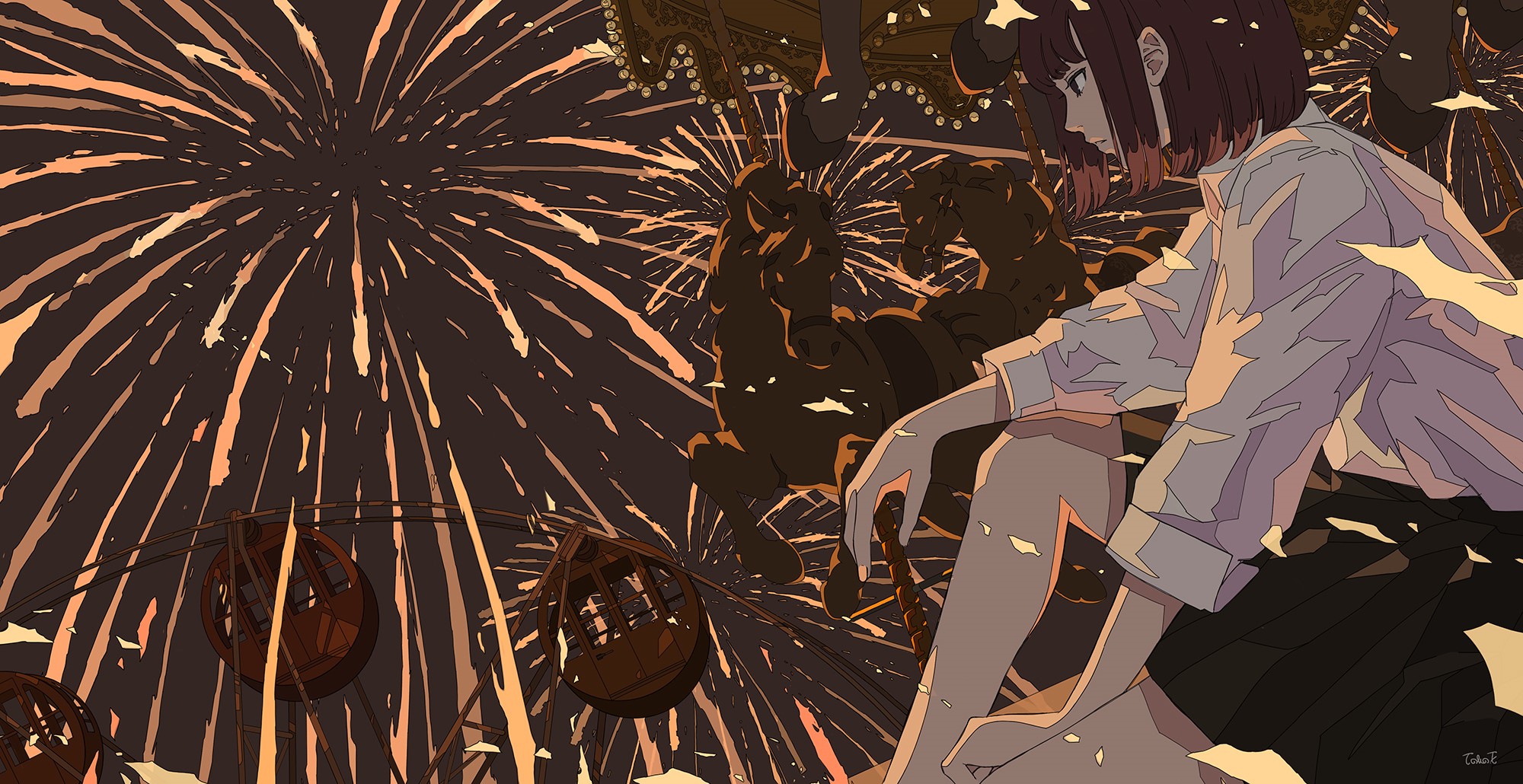 Anime girl watching fireworks at a carnival HD Wallpaper