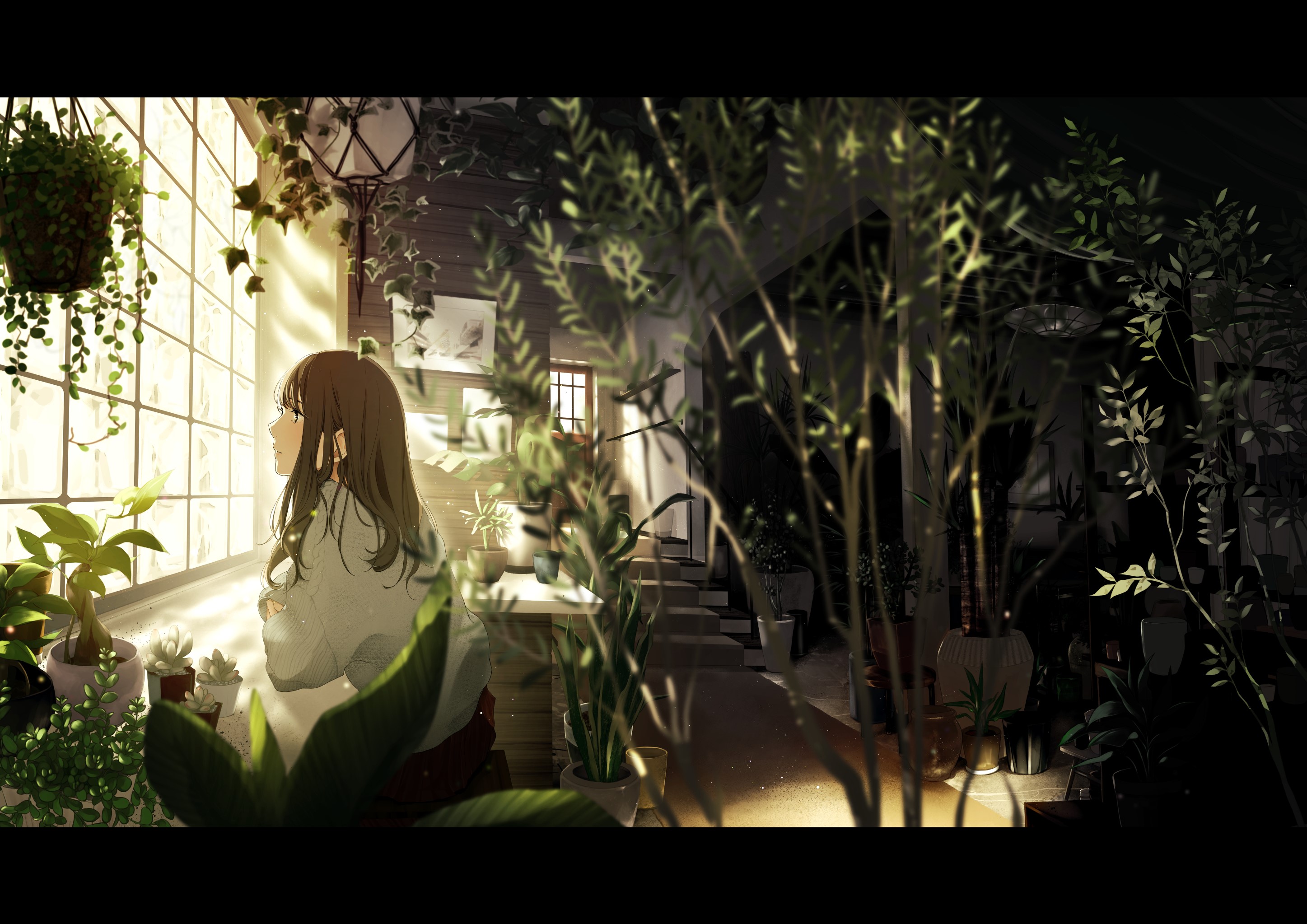 Anime girl with long hair by the window with plants HD Wallpaper