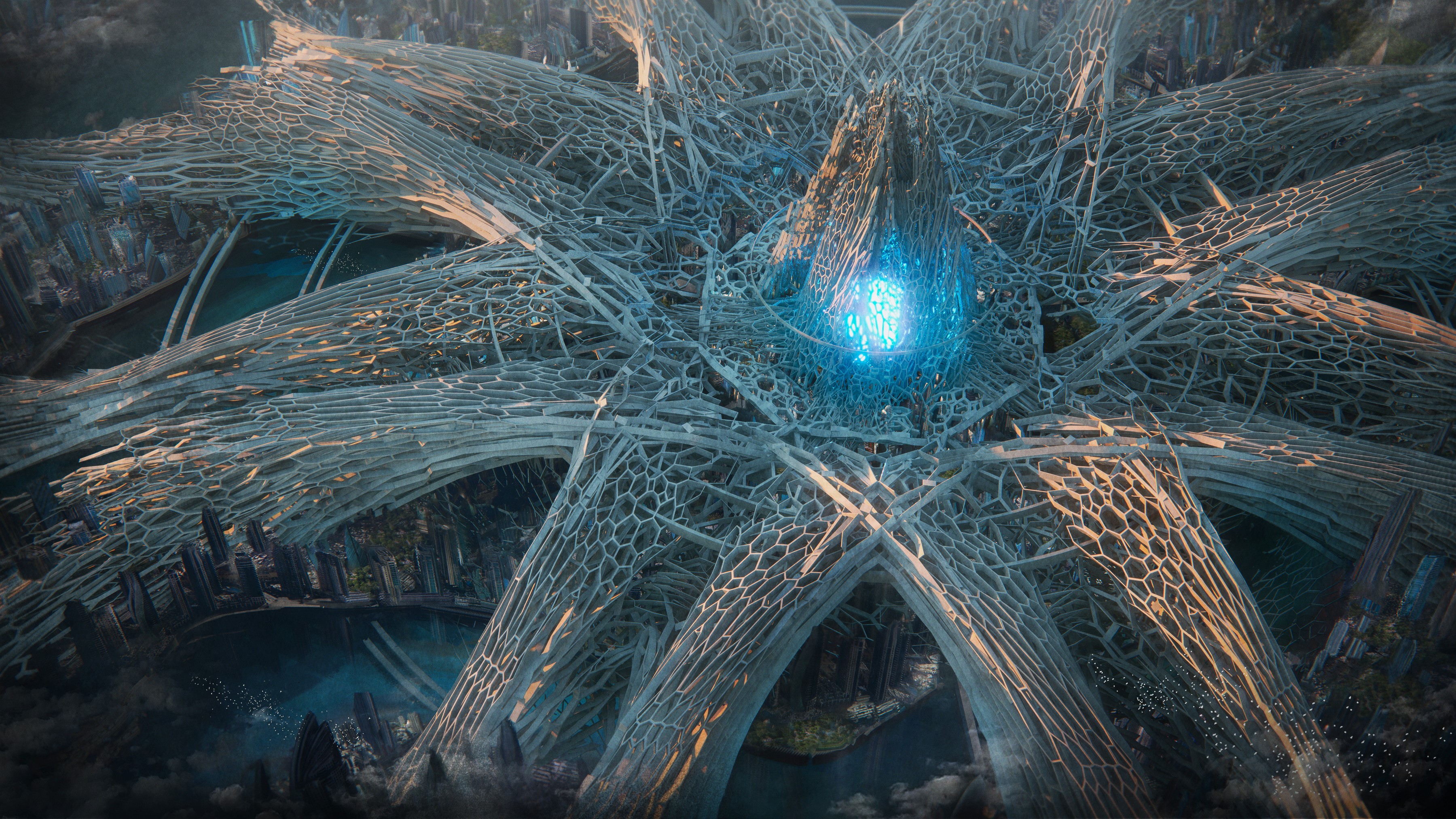 Futuristic city structure with glowing blue core HD Wallpaper