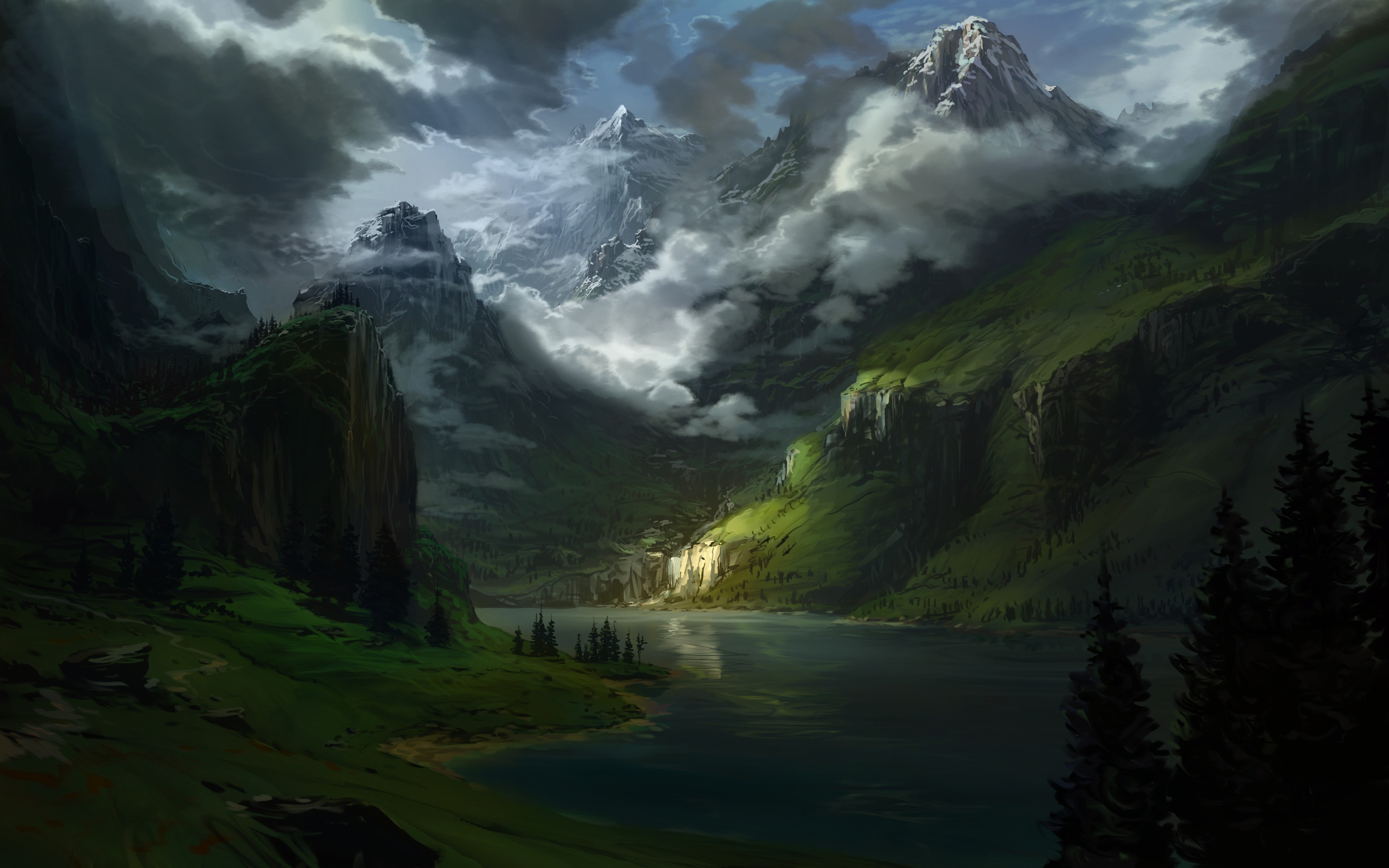 4K Landscape Artwork of Mountains and Lake HD Wallpaper