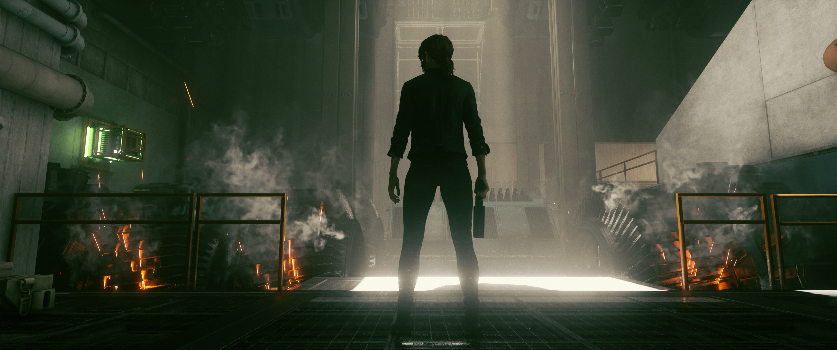 Jesse Faden from Control in a smoky industrial setting HD Wallpaper