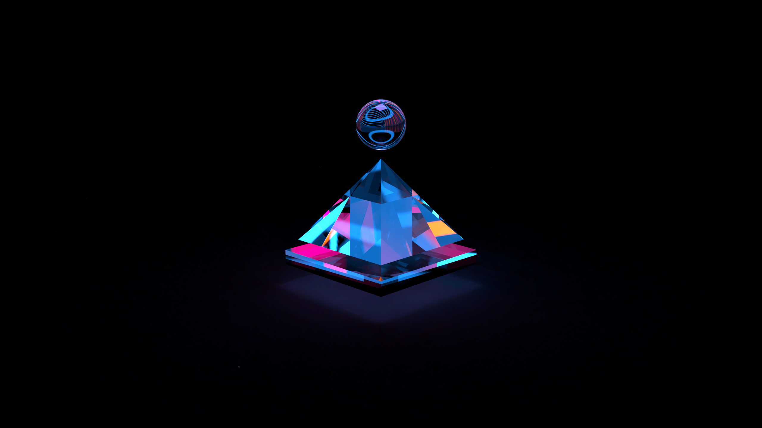 Abstract geometric pyramid with sphere on black background HD Wallpaper