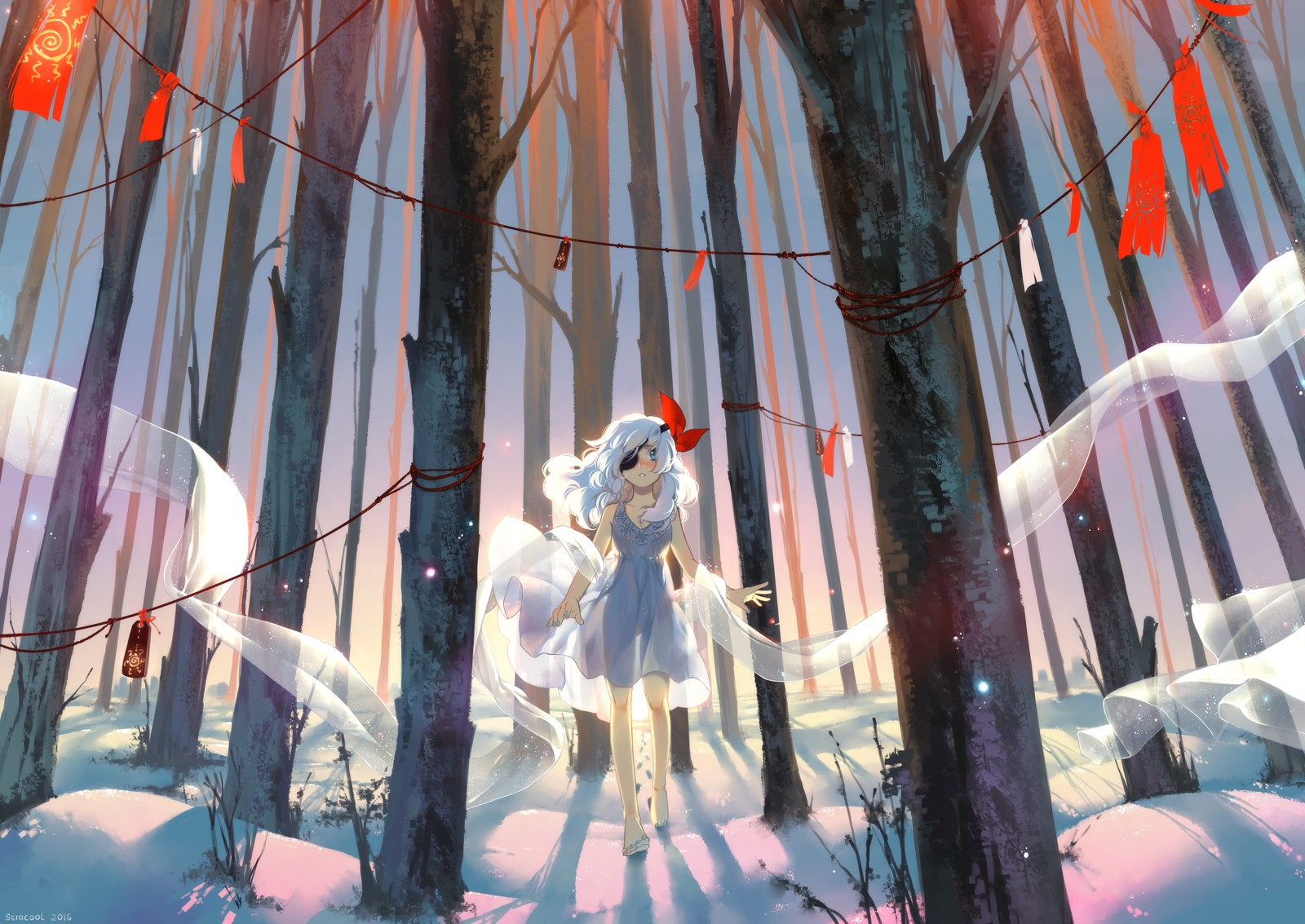 Anime girl with white hair and eyepatch in a snowy forest HD Wallpaper