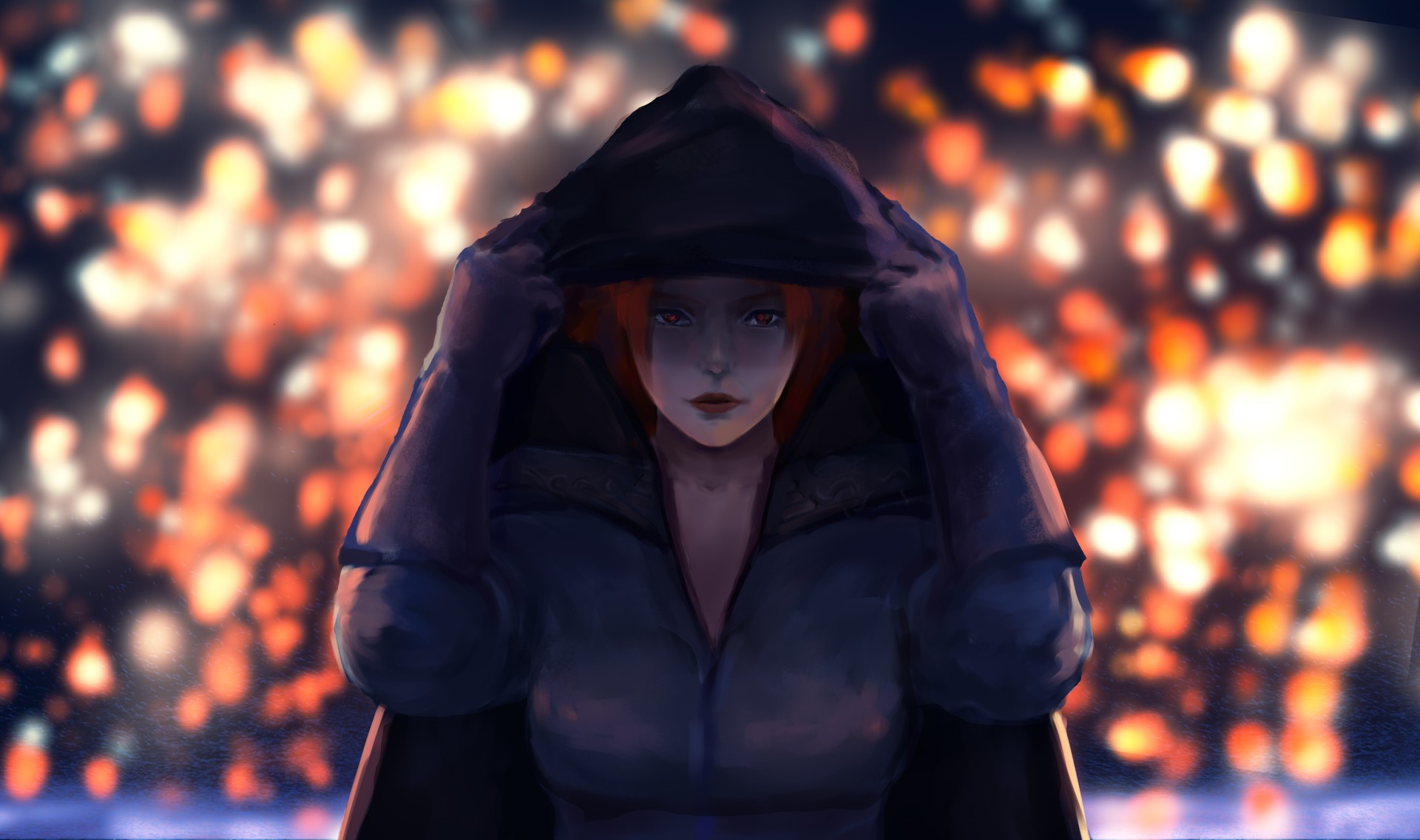 Woman with red hair and red eyes wearing a hood HD Wallpaper