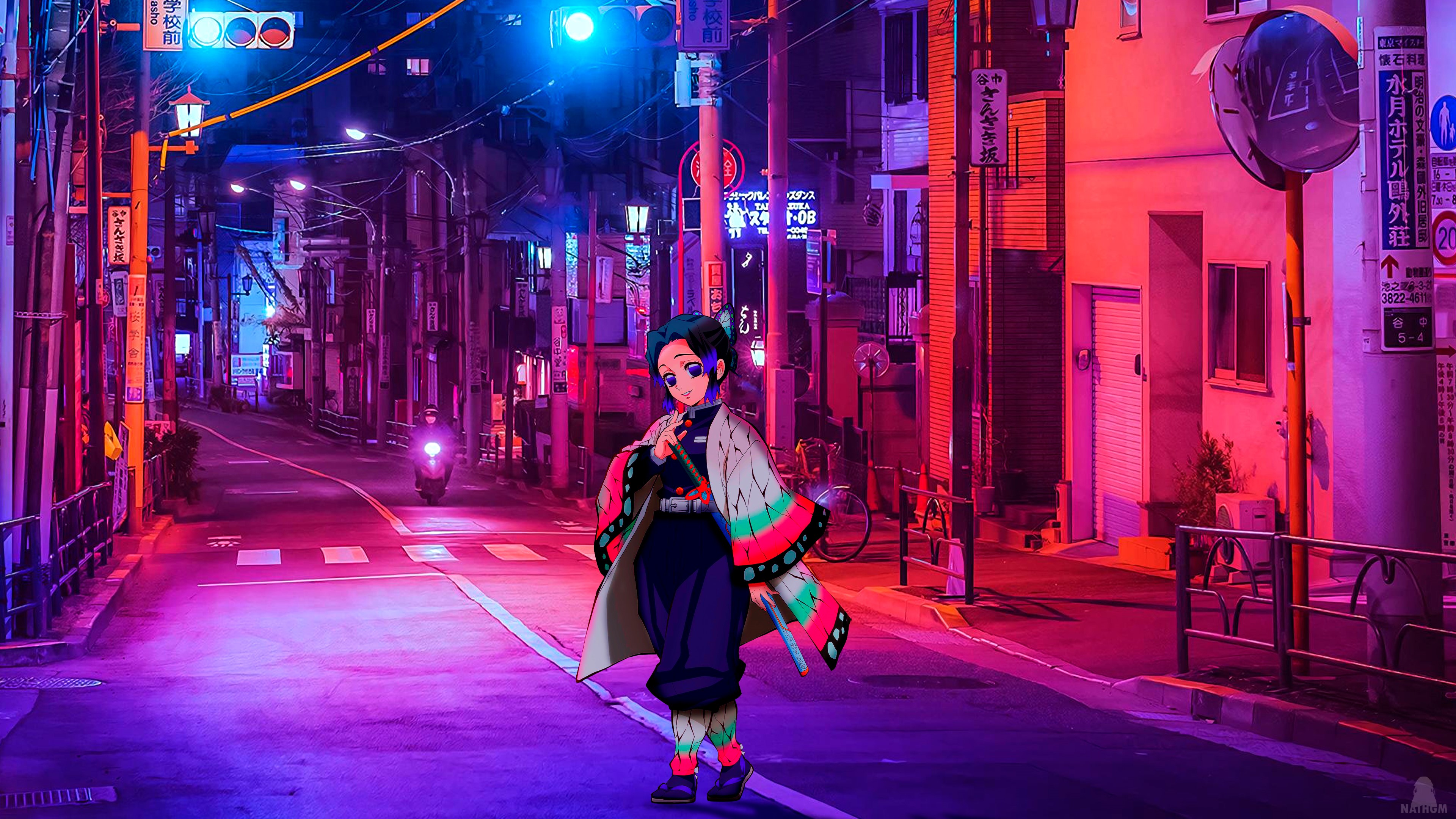 Kochou Shinobu from Kimetsu no Yaiba in a neon city at night HD Wallpaper