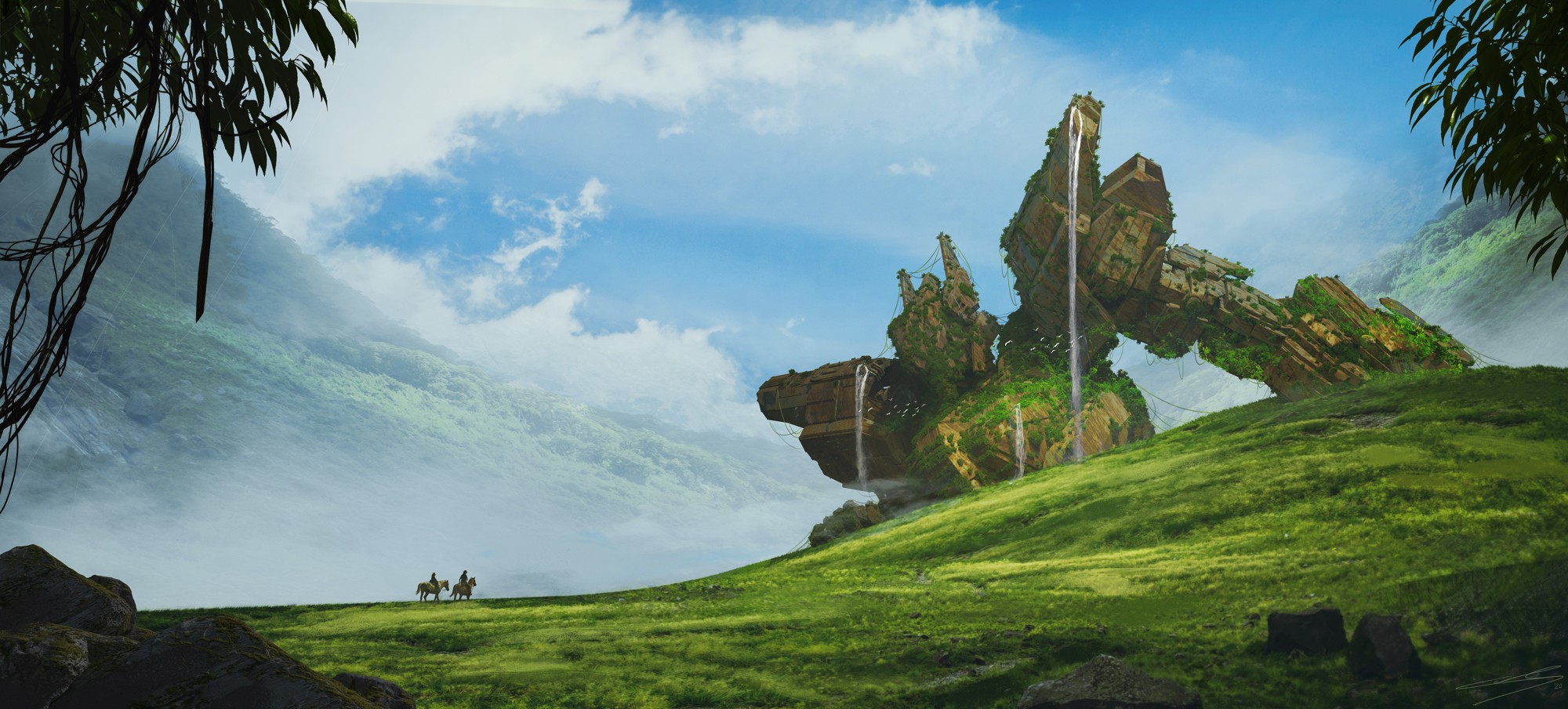 Fantasy landscape with ancient ruins and waterfalls HD Wallpaper