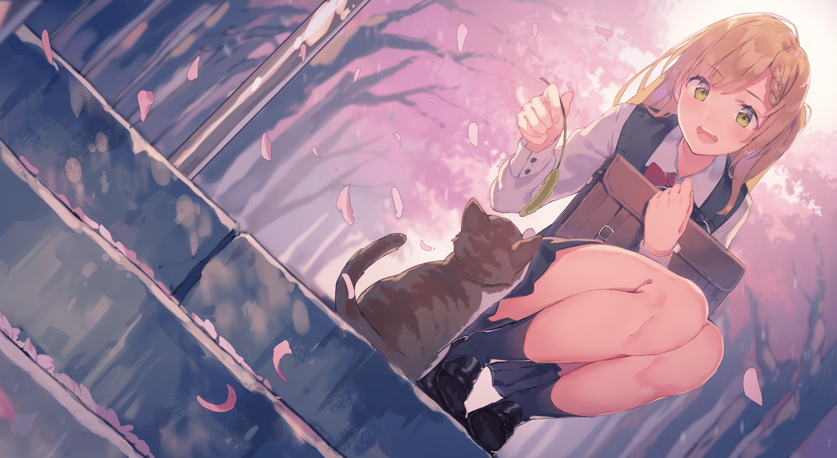 Anime girl with cat under cherry blossoms HD Wallpaper