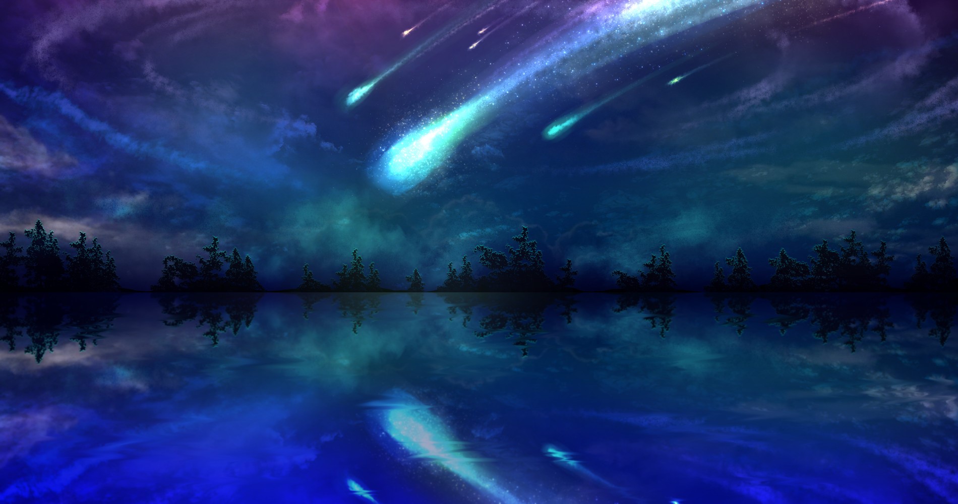 Night sky with shooting stars reflected in water HD Wallpaper