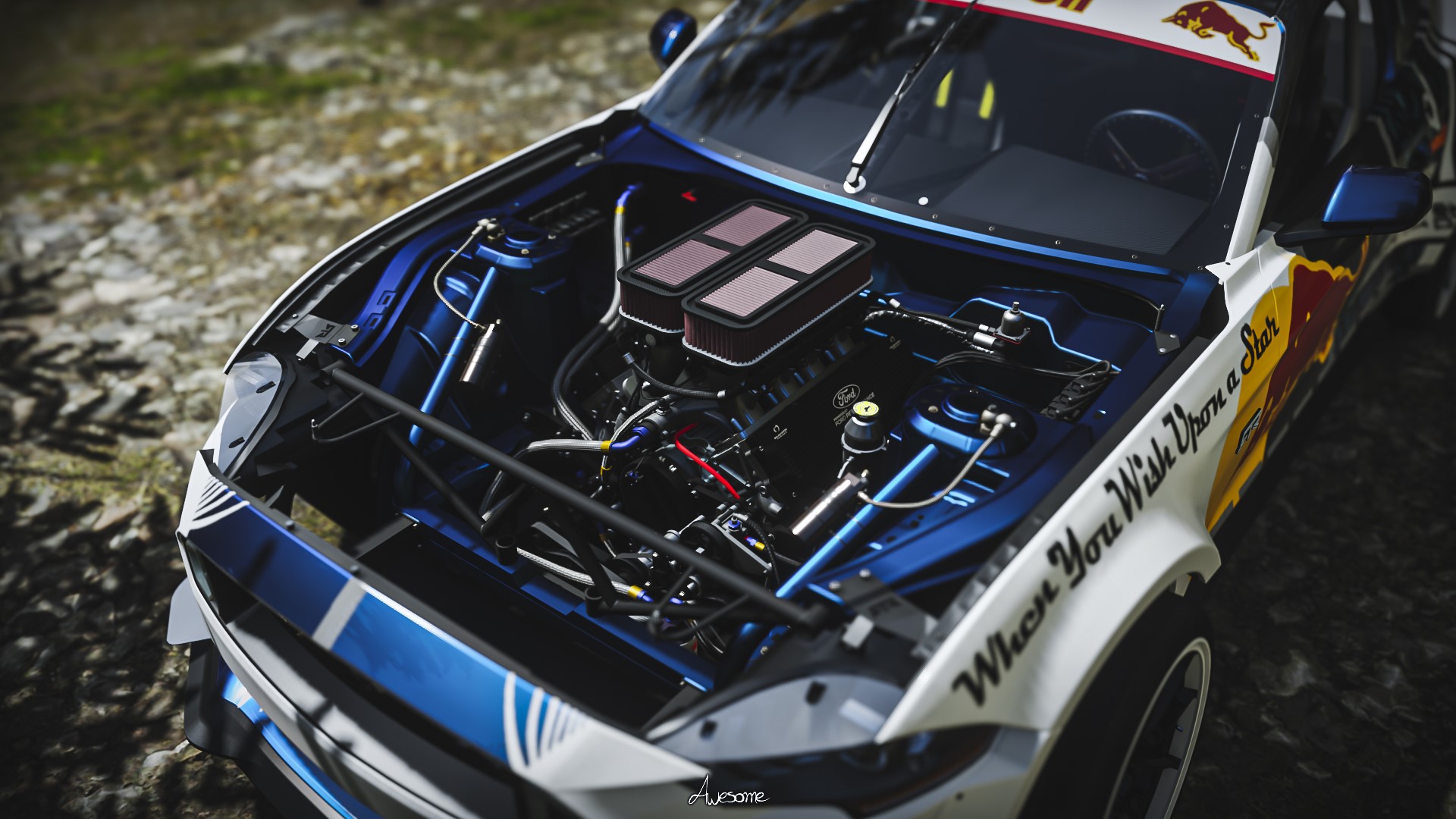 Ford Mustang RTR with Red Bull livery, engine exposed HD Wallpaper