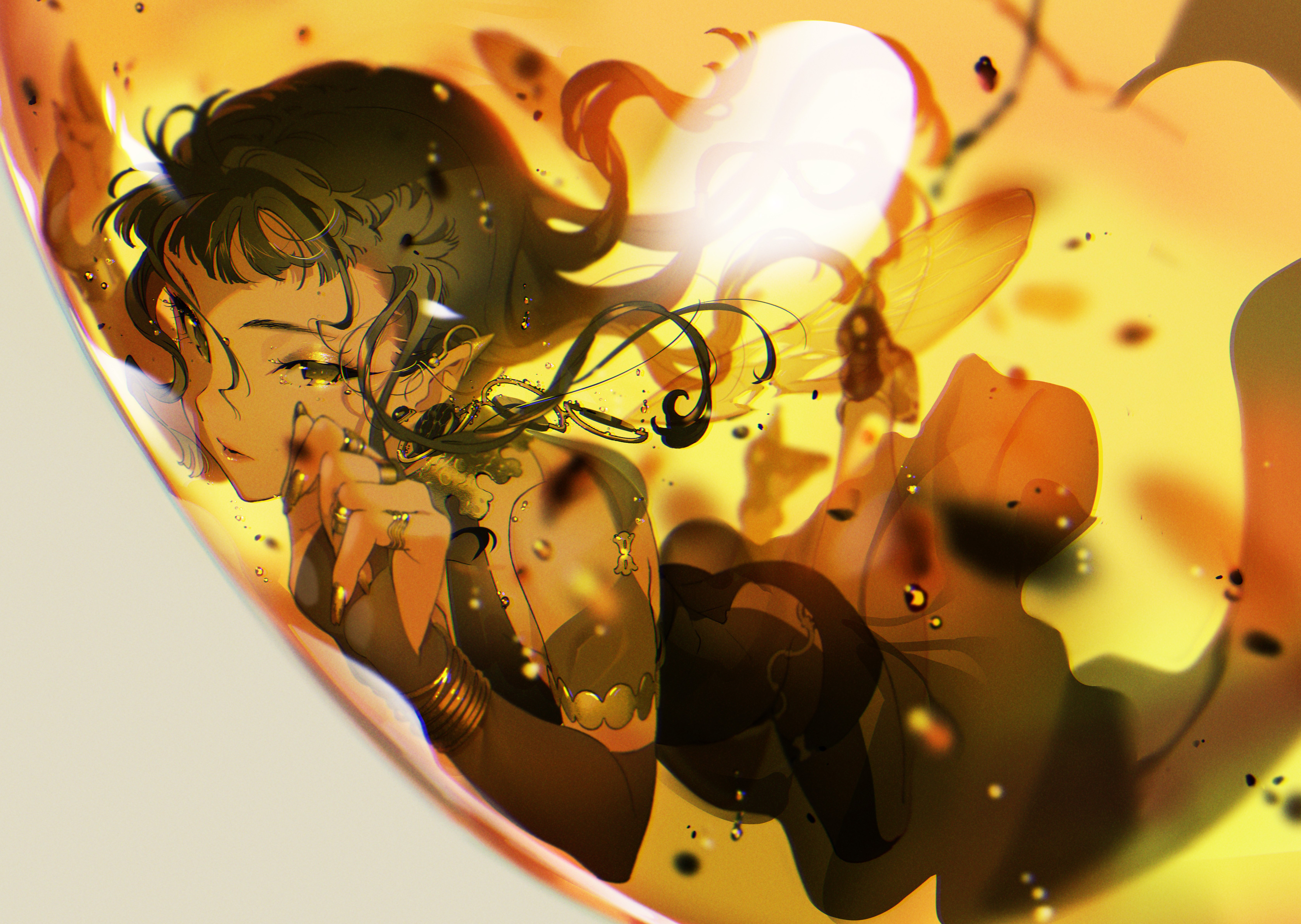 Anime girl with fairy wings in amber HD Wallpaper