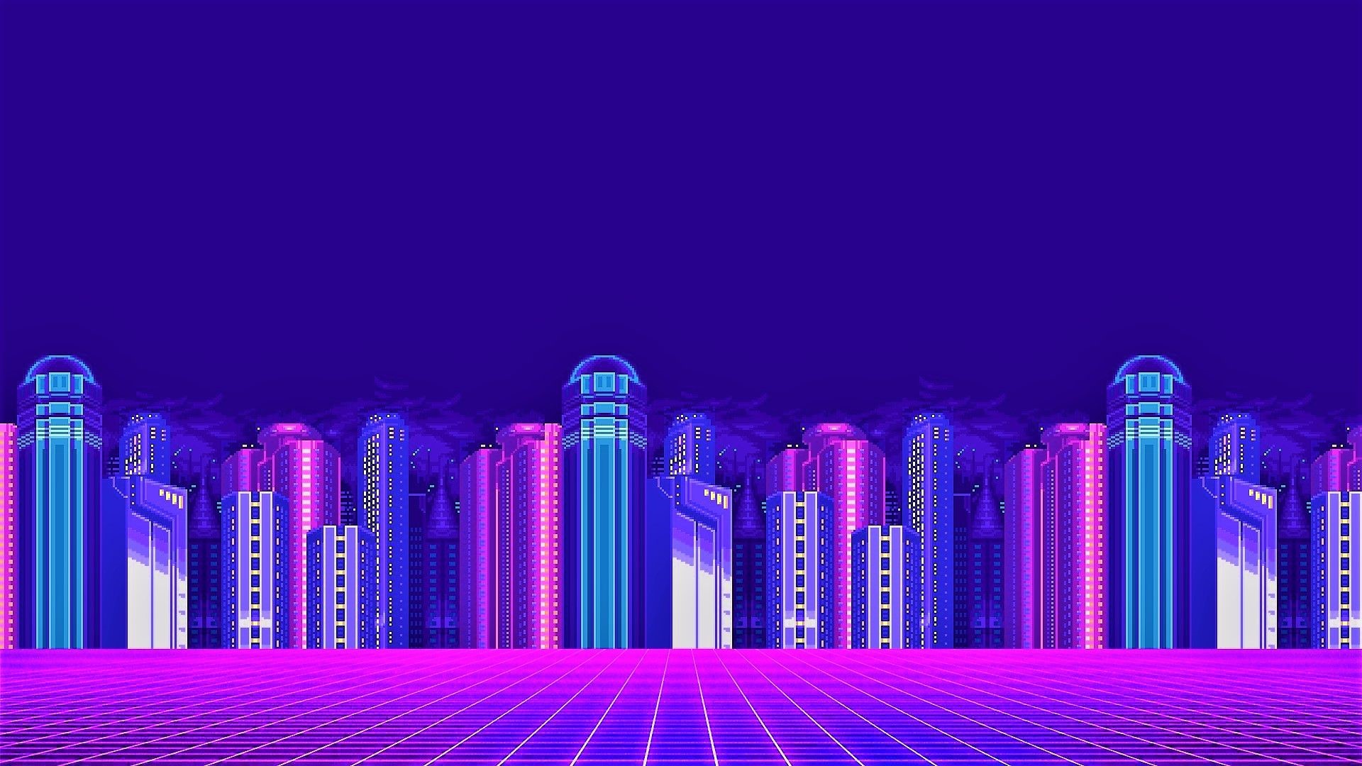 Pixelated Cityscape with Neon Grid Floor HD Wallpaper