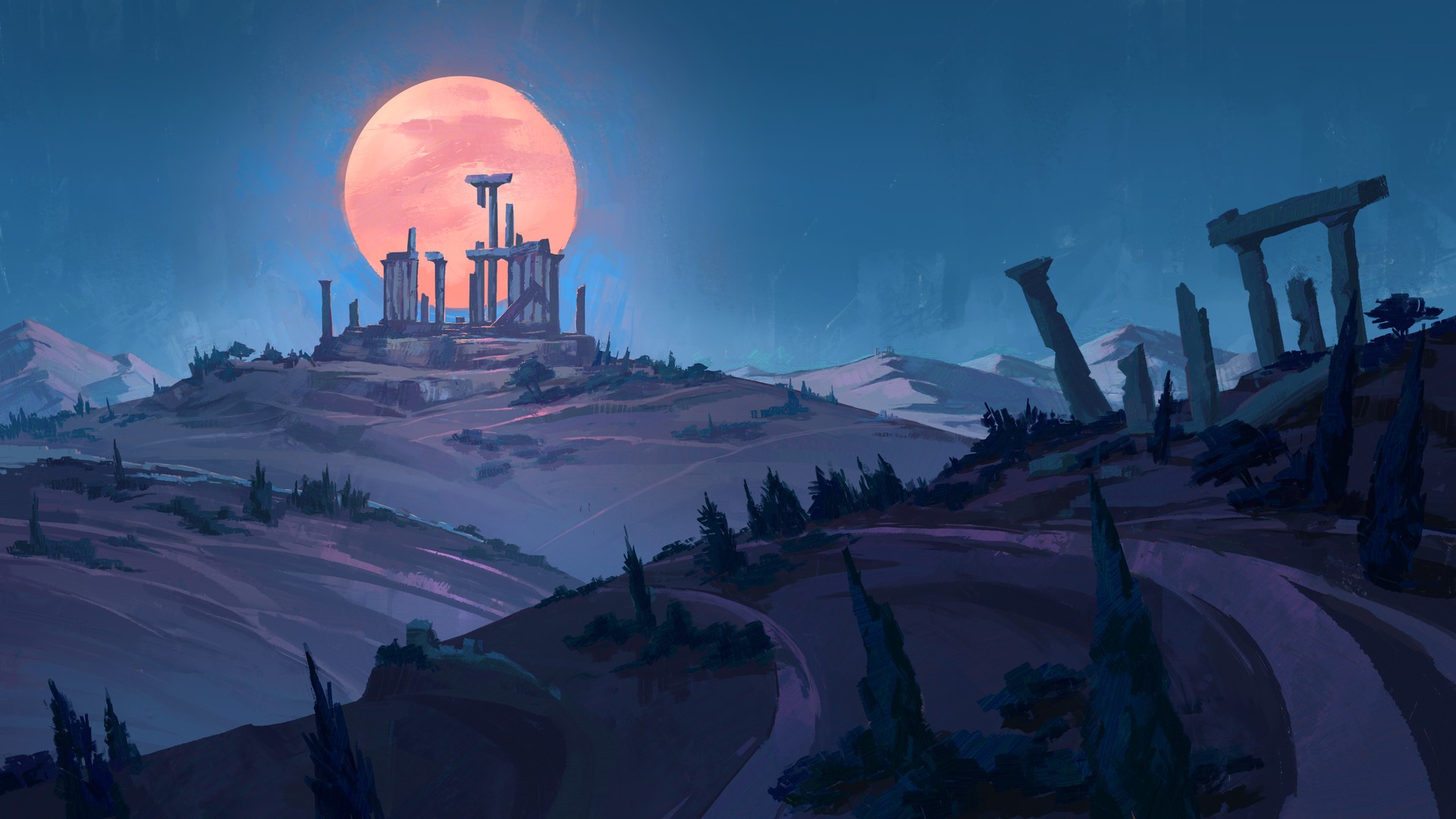 Ruins under a blood moon HD Wallpaper