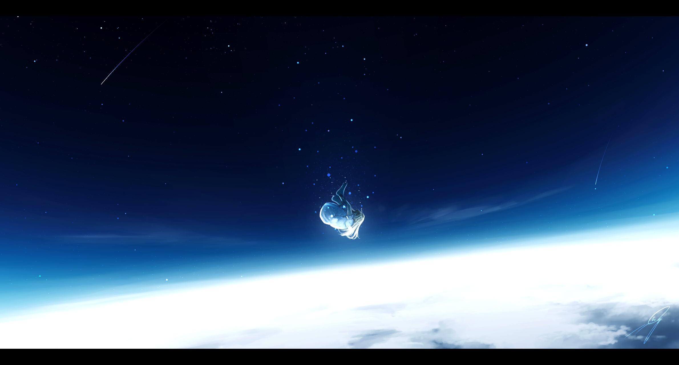 Anime girl falling in starry night sky above clouds HD Wallpaper