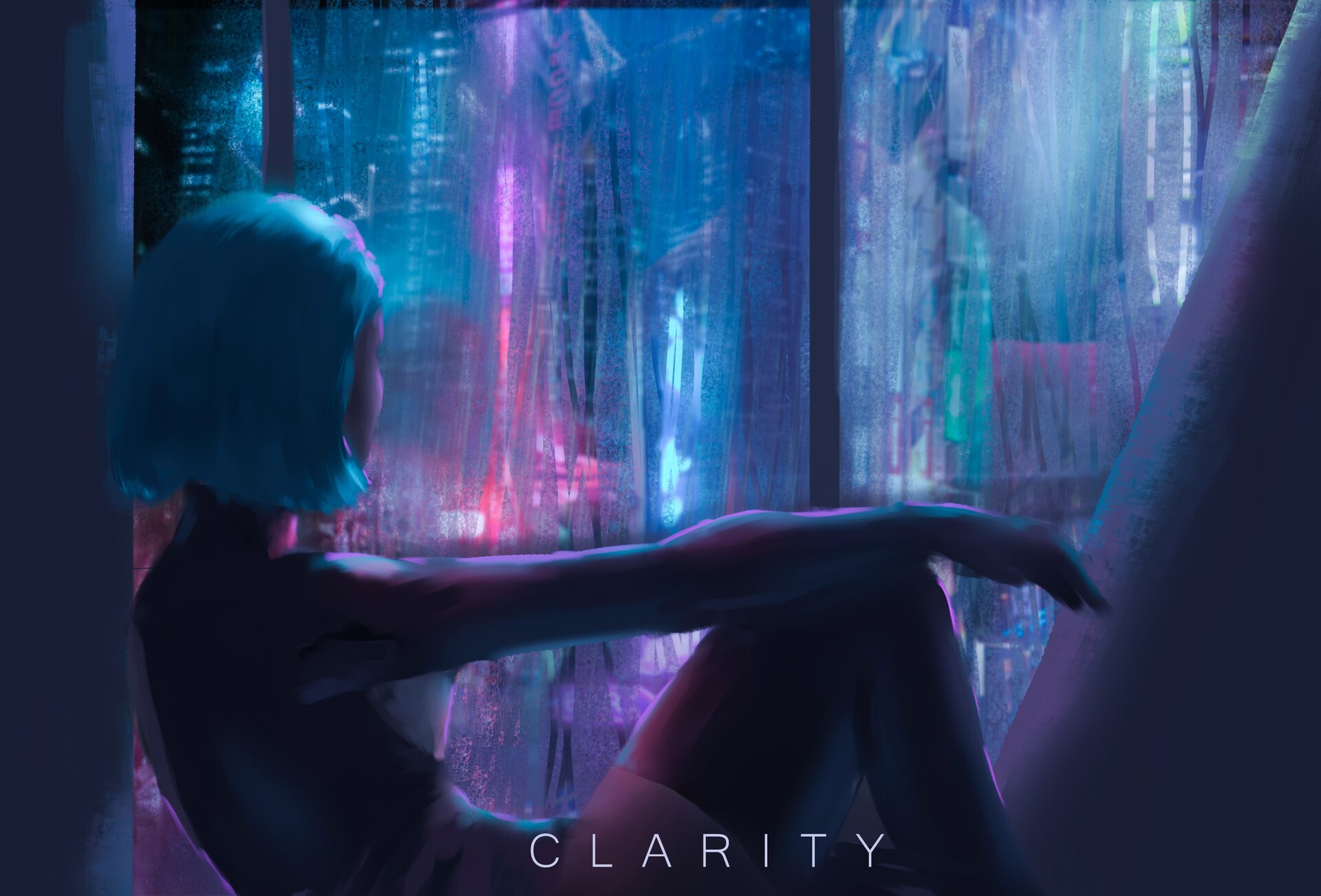Woman with blue hair looking out a rainy window HD Wallpaper