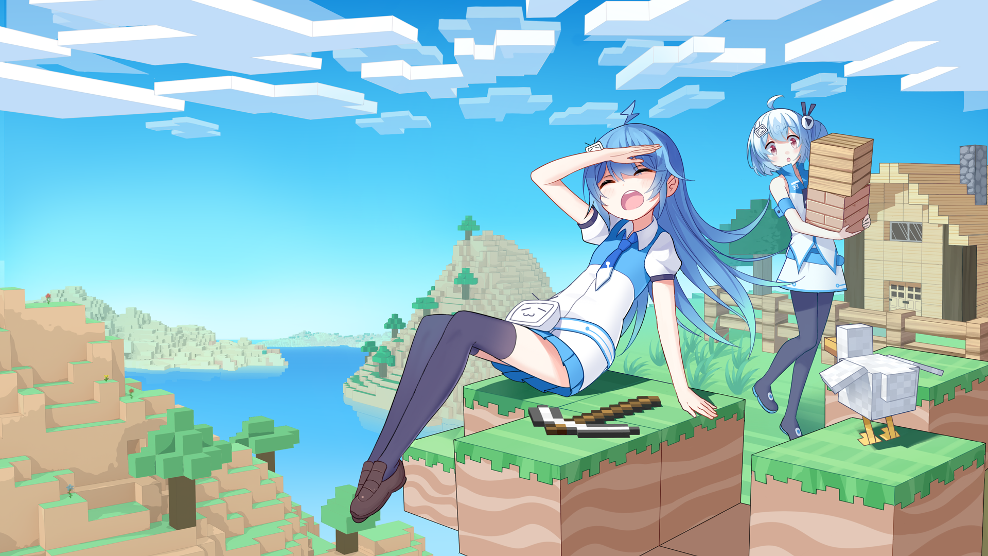 Anime girls in Minecraft world HD Wallpaper