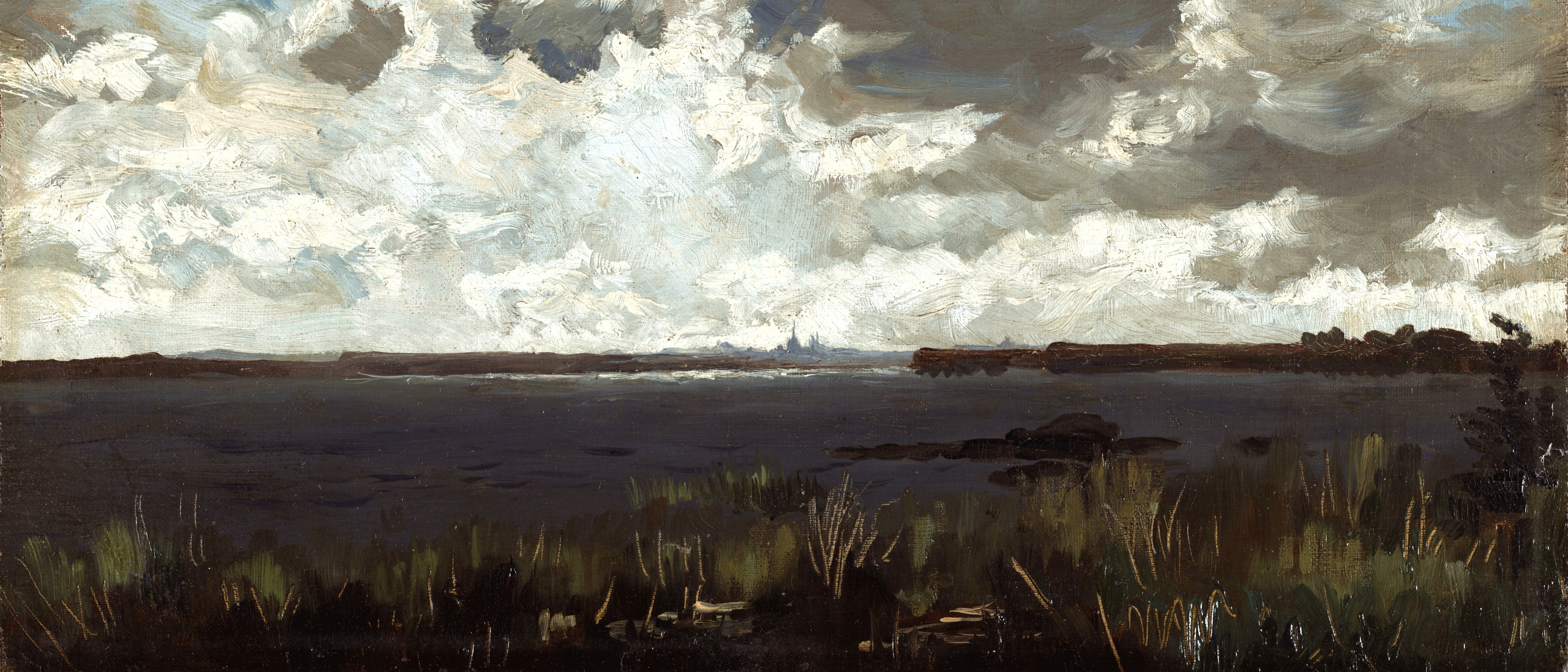 Oil painting of a wide body of water under a cloudy sky HD Wallpaper