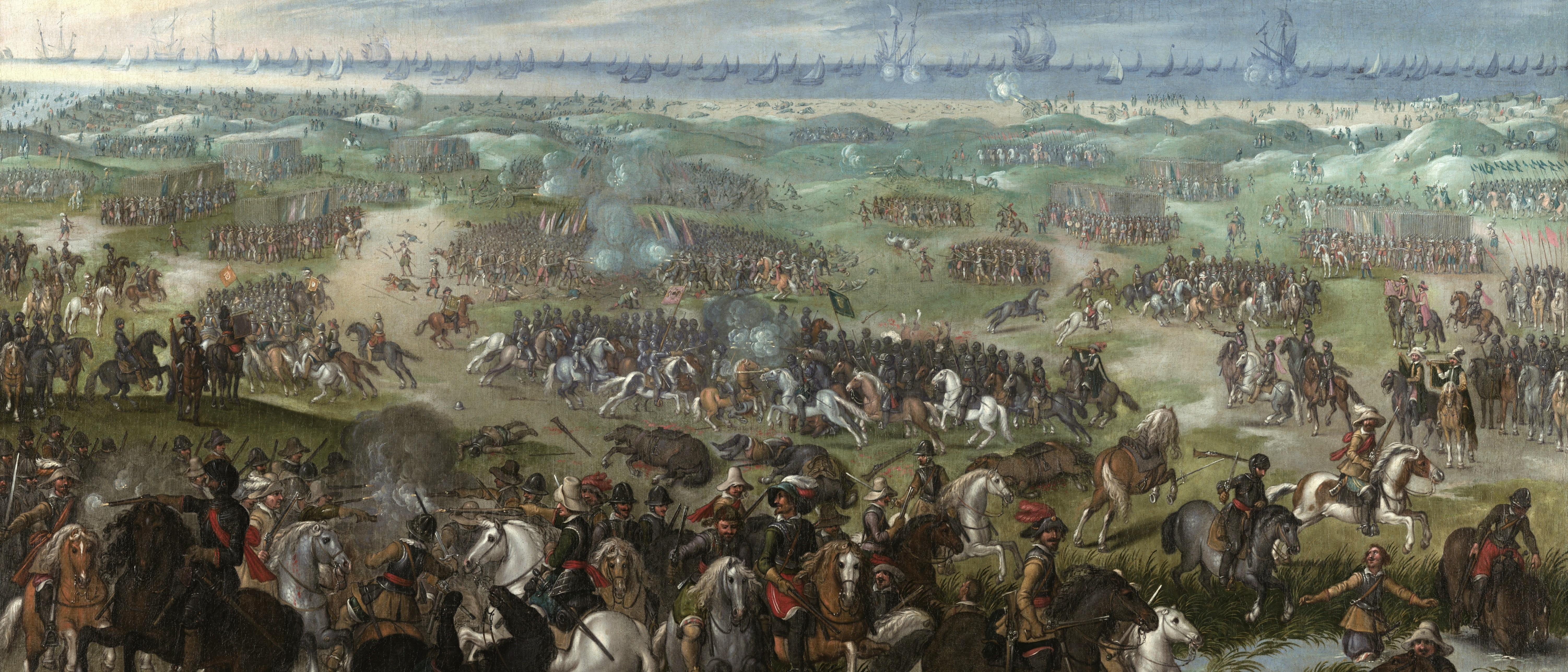 Battle scene painting with ships in the background HD Wallpaper