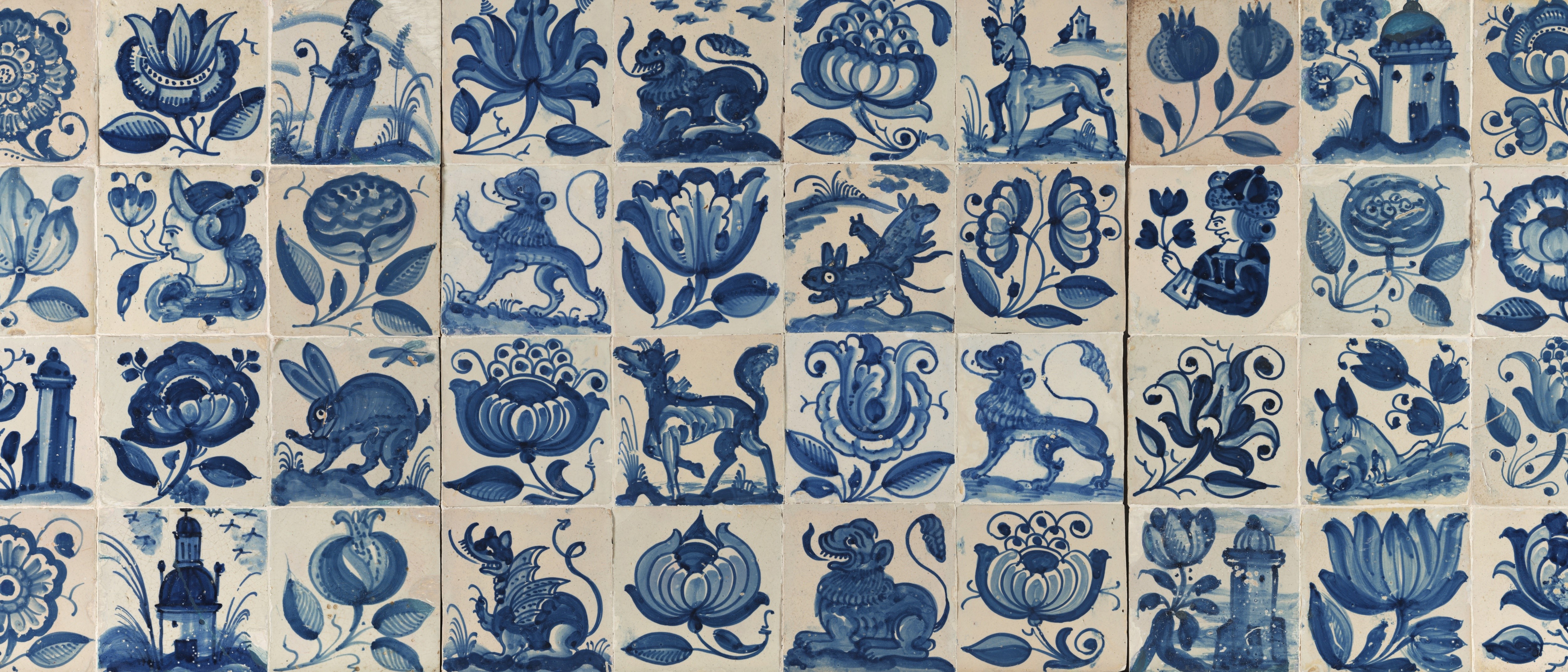 Blue and white tile mosaic with animals and figures HD Wallpaper