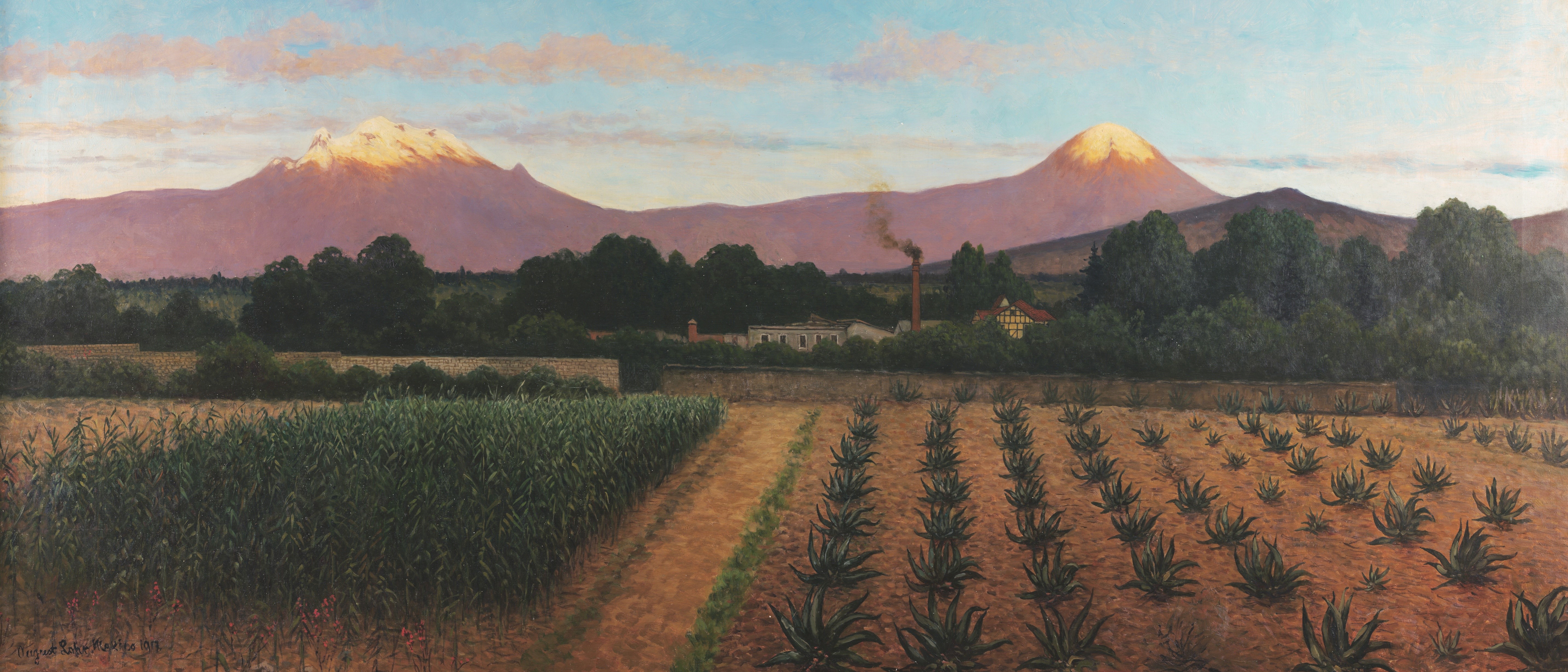 Landscape painting with agave fields and volcanoes HD Wallpaper