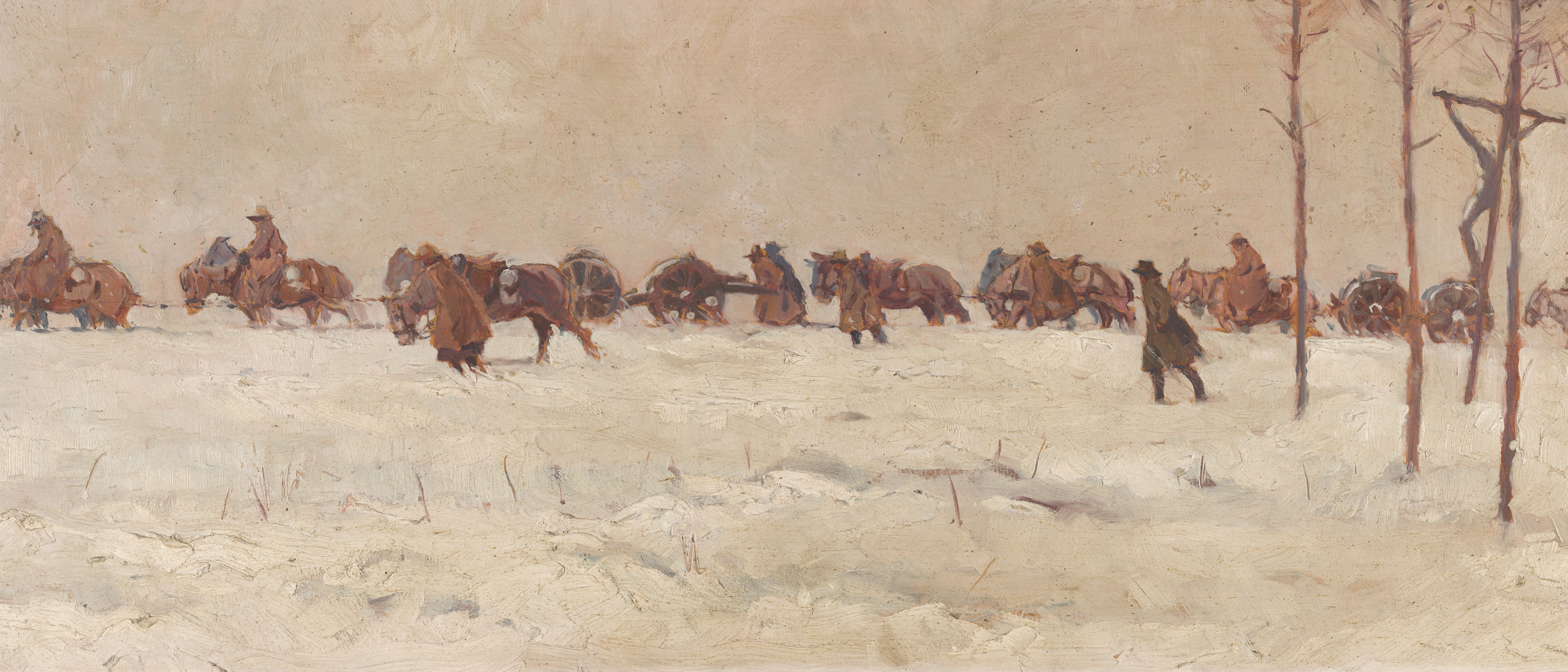 Painting of a cavalry unit in a snowy landscape HD Wallpaper